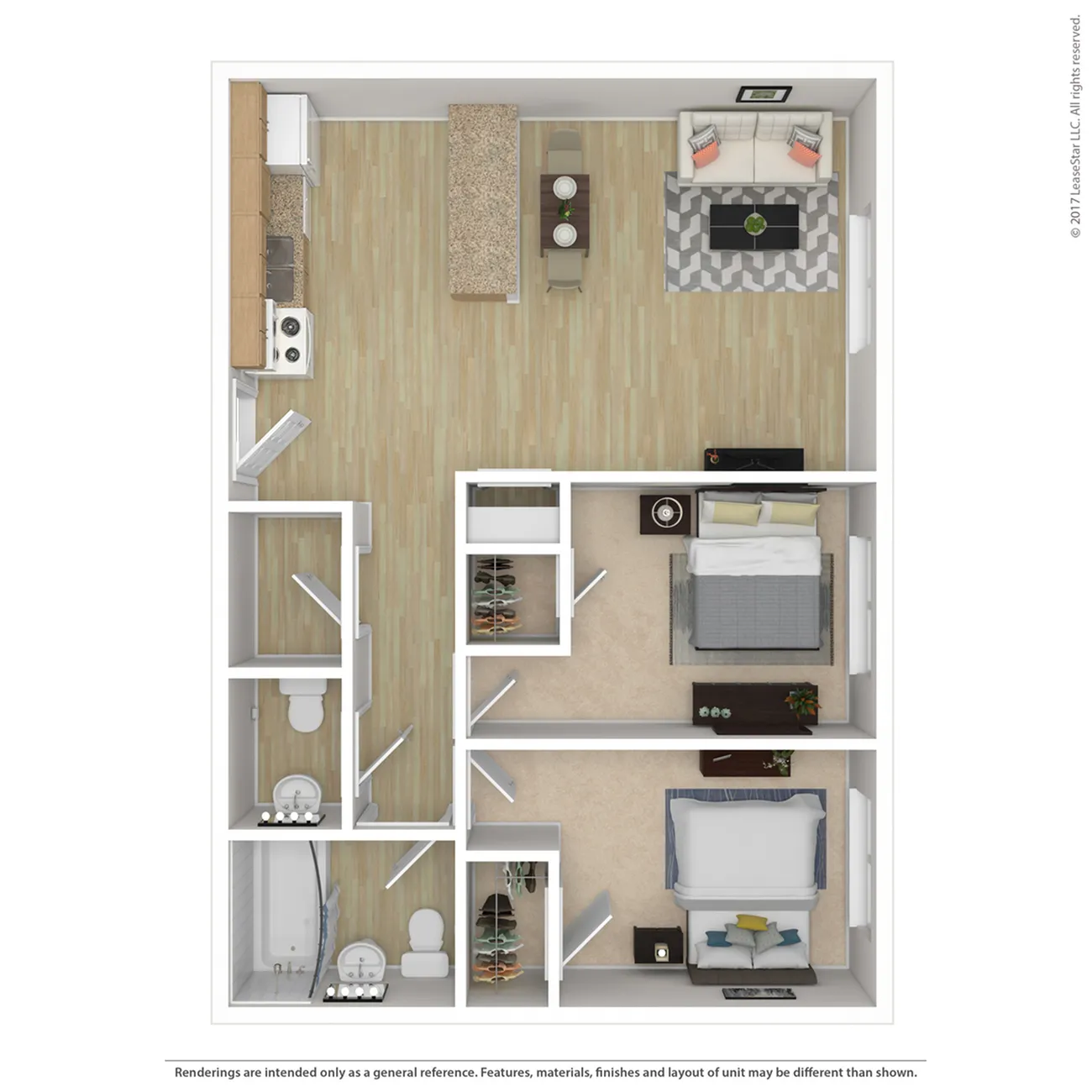 Modern 3D floor plan showcasing 2 bedrooms, an open living room, elegant kitchen, and dual bathrooms with ample storage.