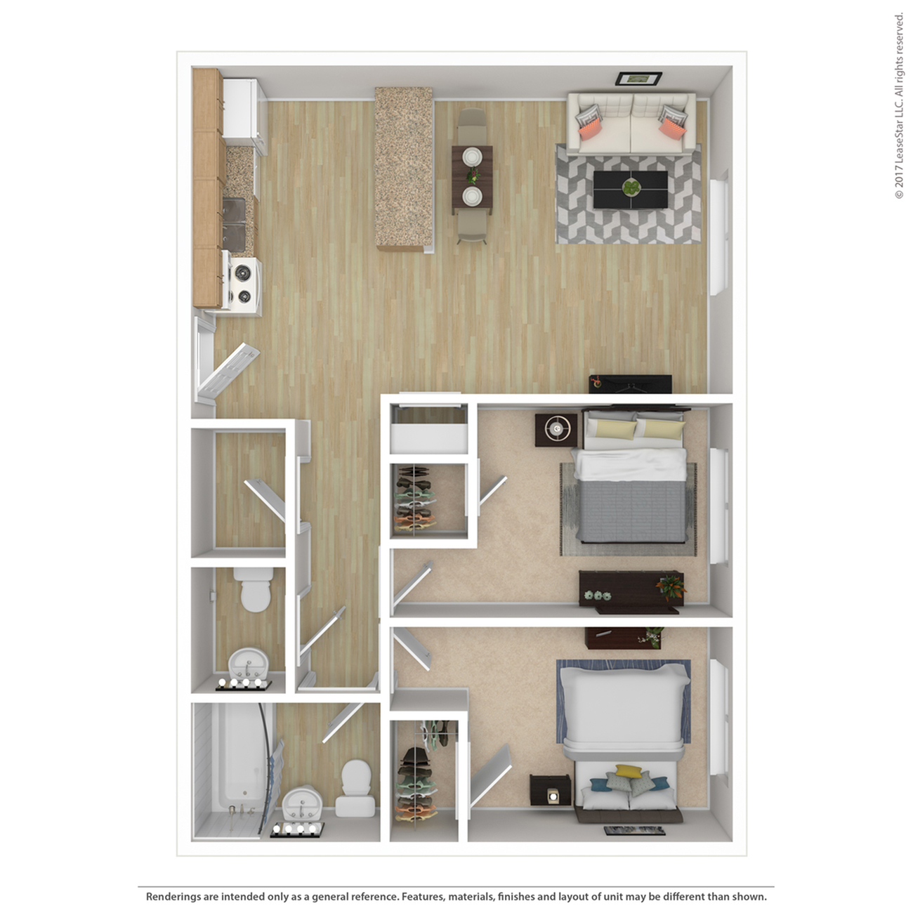Inviting 2D floor plan showcasing an open kitchen and living area, two cozy bedrooms, and two modern bathrooms.