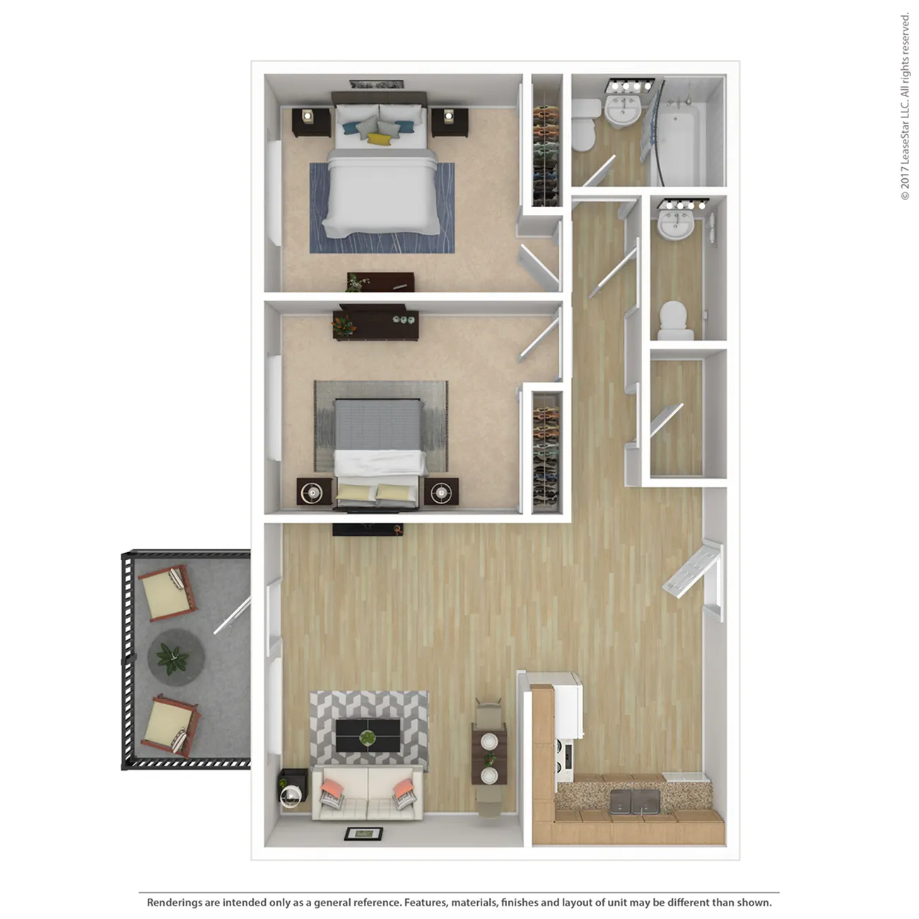 Chic 3D floor plan showcasing two cozy bedrooms, a modern open-plan living and dining area, a sleek kitchen, and a private balcony.