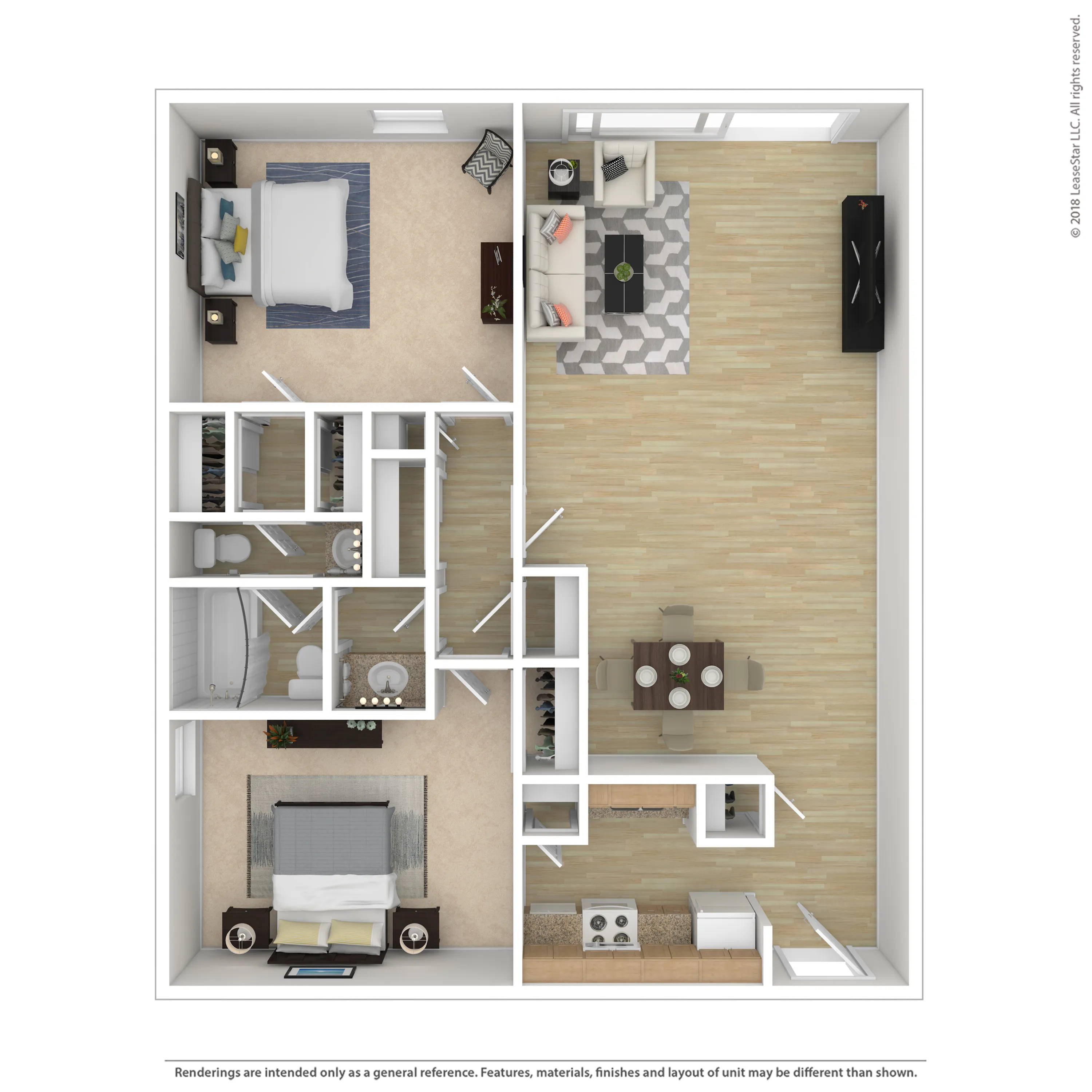 Modern 2D floor plan showcasing two spacious bedrooms, a stylish open-plan living and dining area, and a contemporary kitchen layout.