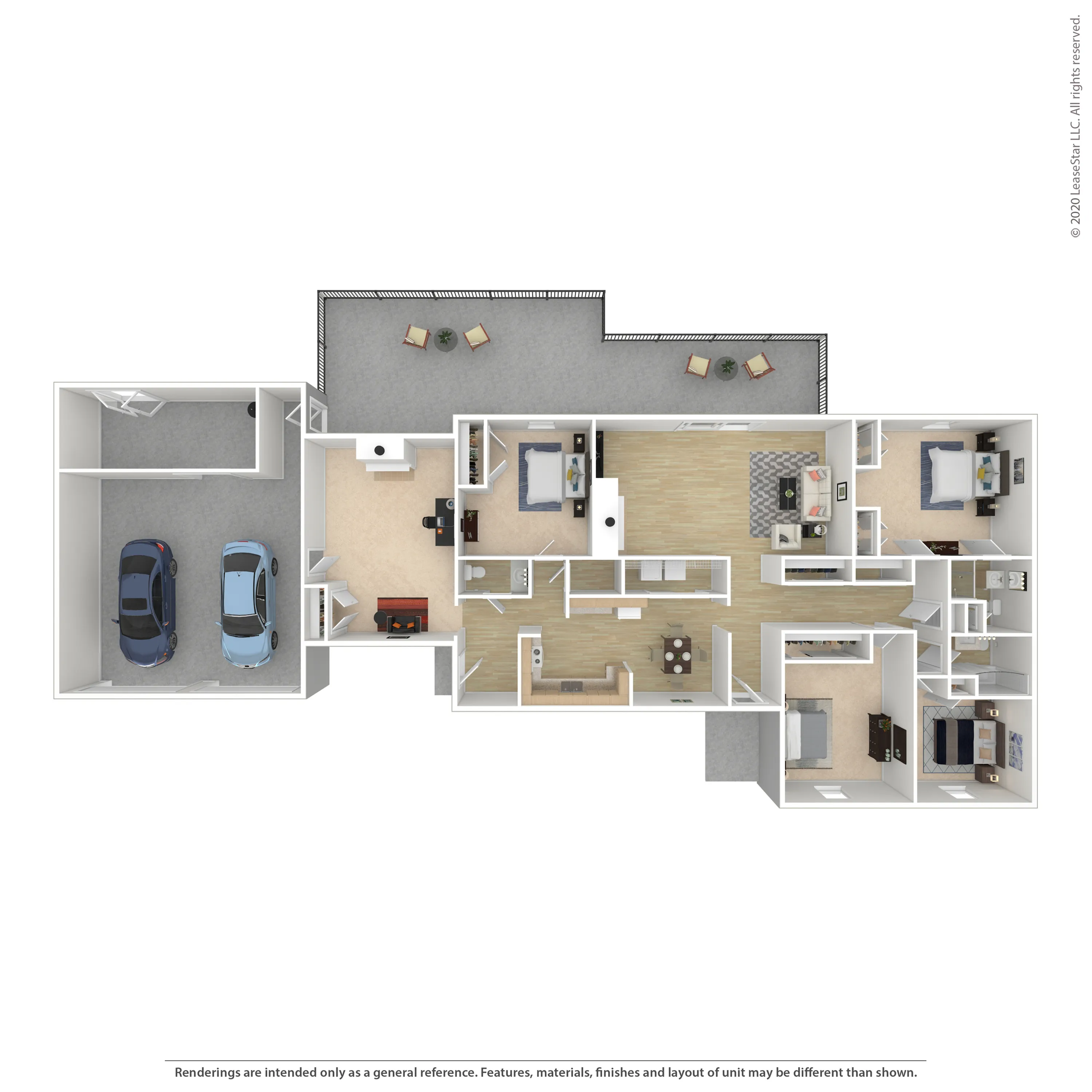 Modern 3D floor plan featuring 3 bedrooms, 2 bathrooms, dual car garage, and expansive balcony. Open living space with kitchen, dining, and living room for ultimate comfort.