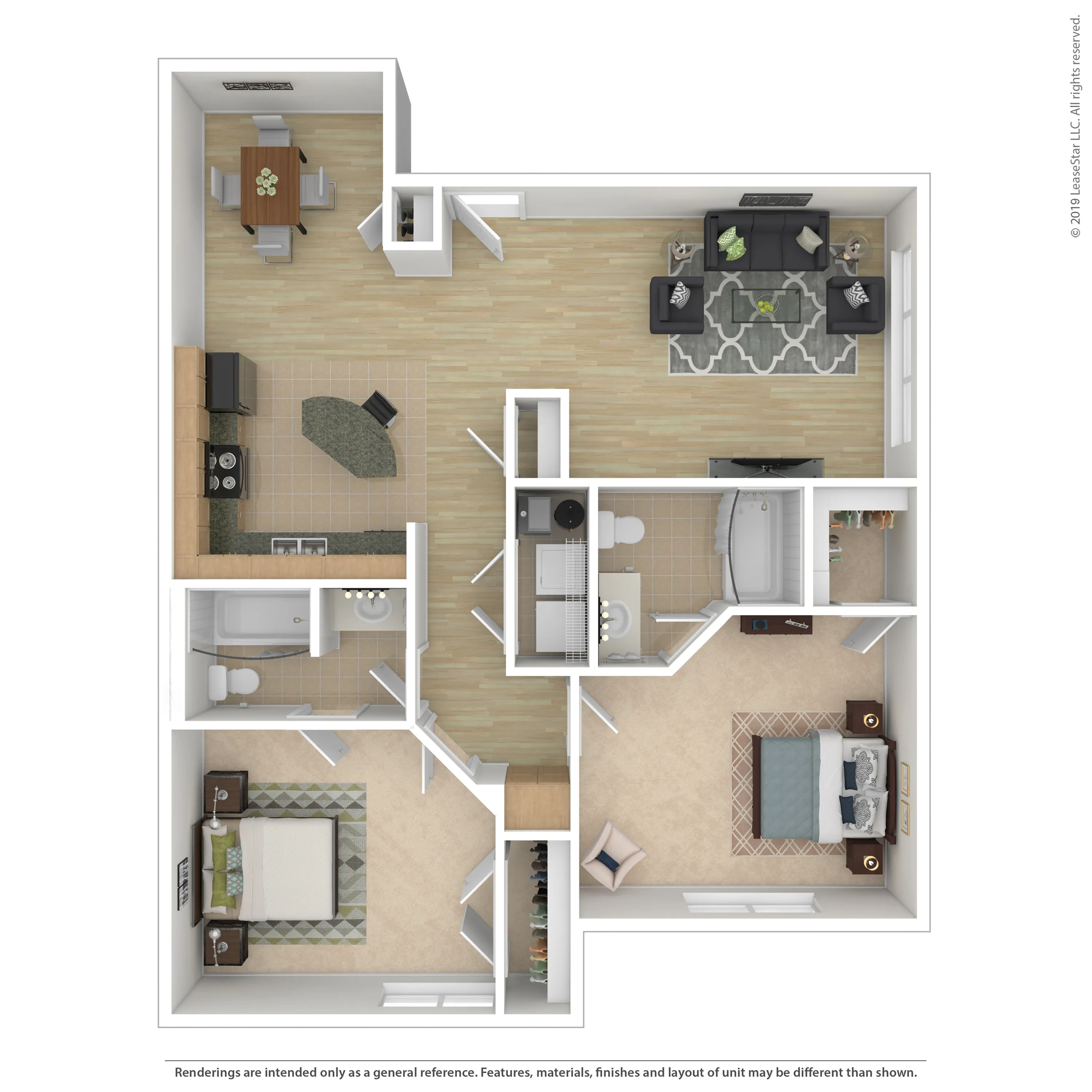 Modern 3D floor plan showcasing 2 spacious bedrooms, 2 bathrooms, an open-concept living room, and a sleek kitchen with dining area for stylish comfortable living.