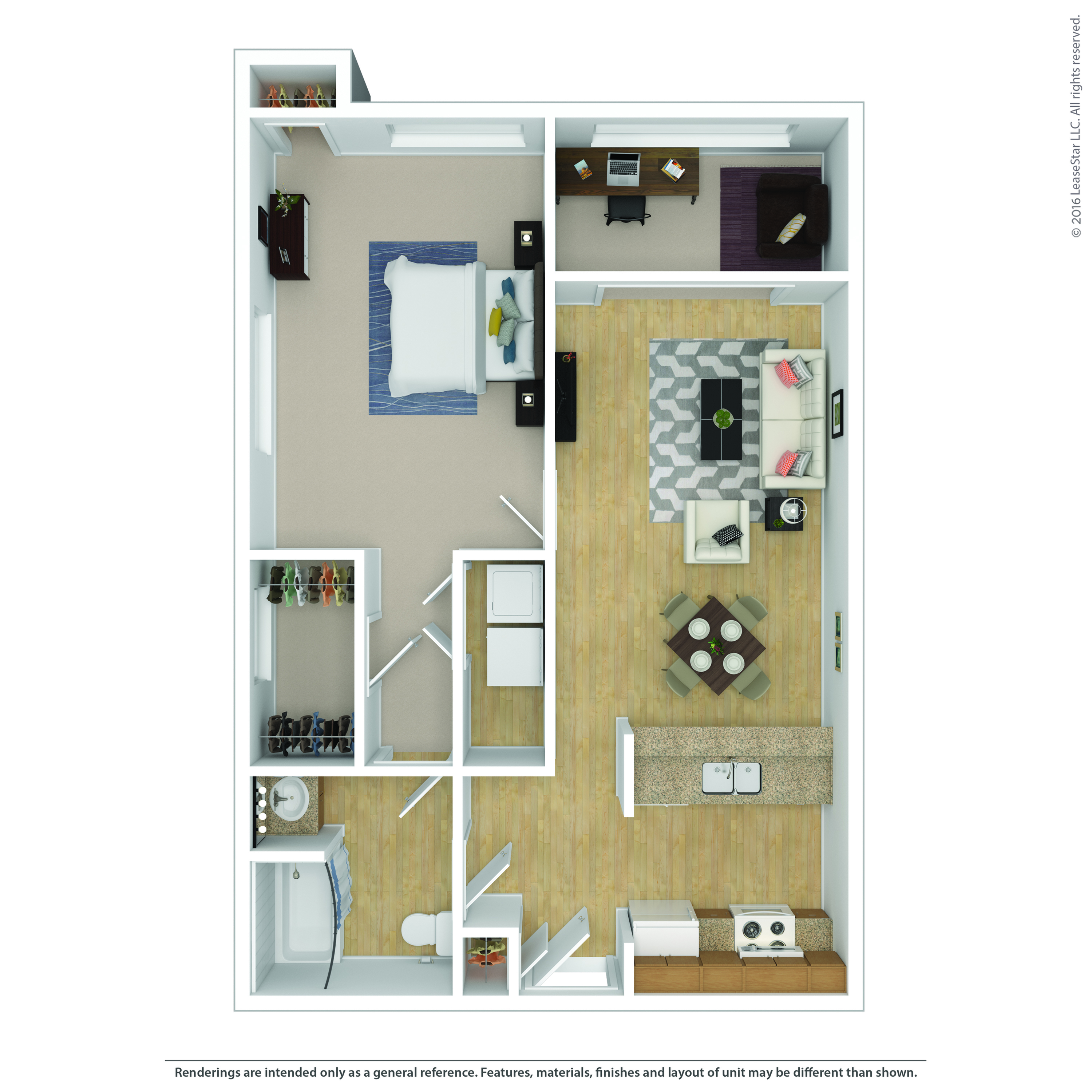 Modern 1-bedroom apartment floor plan with spacious living area, cozy home office, and elegant kitchen space.