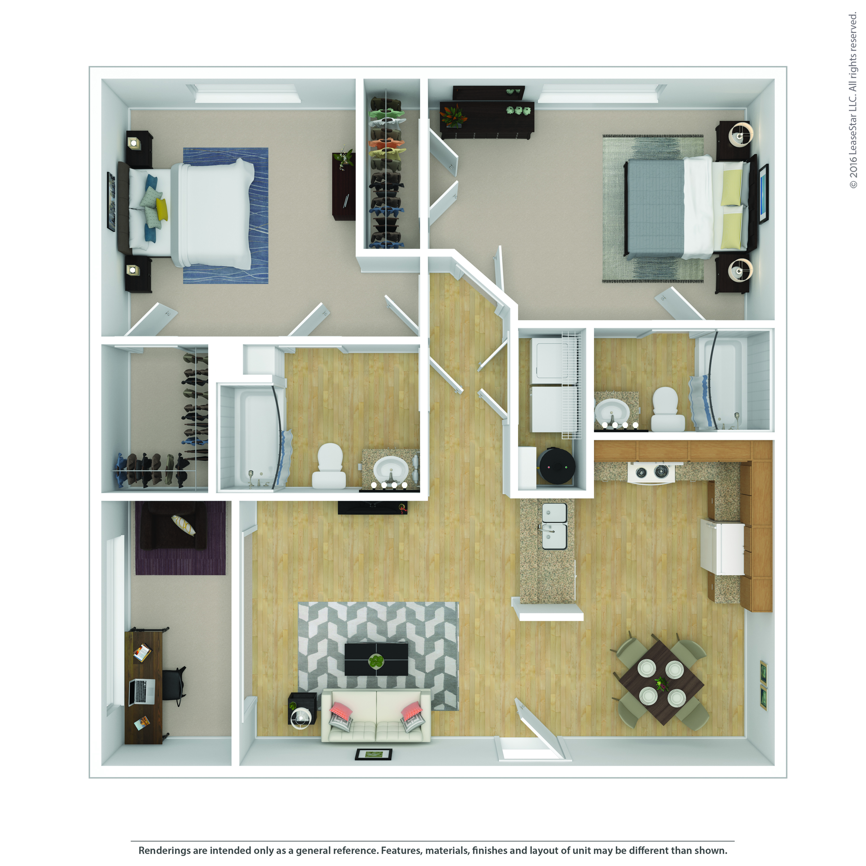Contemporary floor plan showcasing two elegant bedrooms, two bathrooms, an open kitchen, and a cozy living room with a chic design.