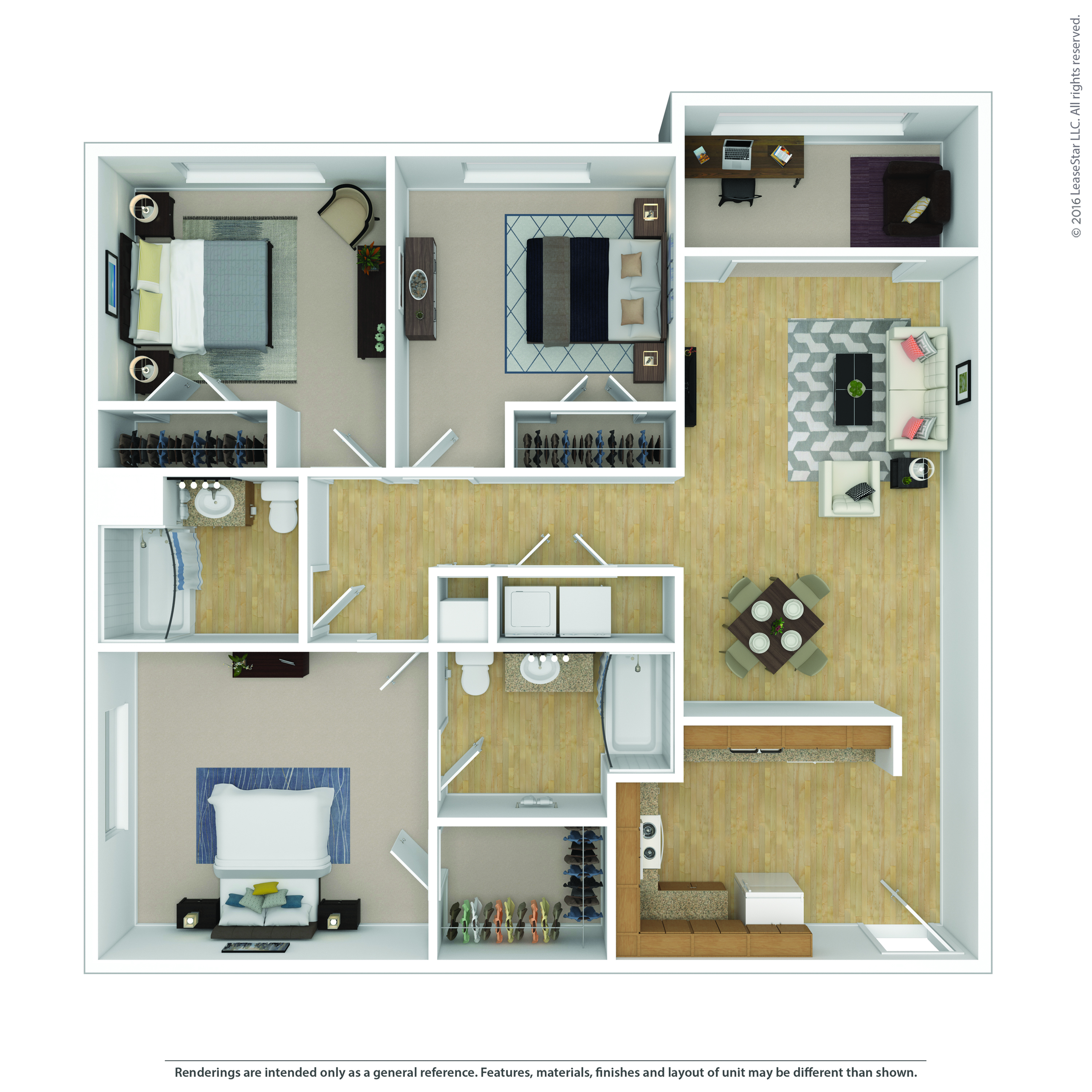 Modern 3D floor plan showcasing a spacious layout with three bedrooms, an open living and dining area, two bathrooms, and a functional kitchen.