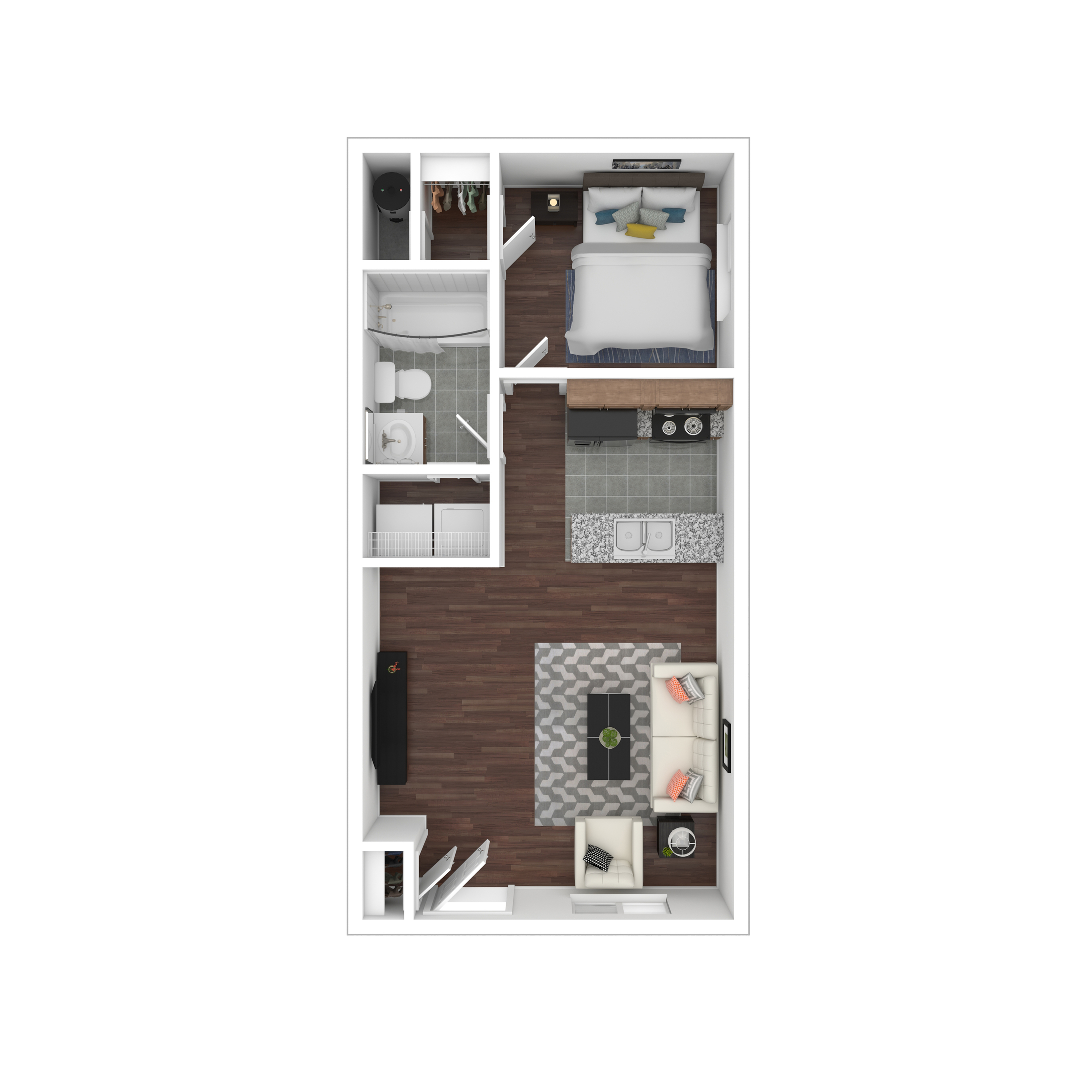 Modern 2D floor plan showcasing a cozy one-bedroom apartment with an open-plan living area, stylish kitchen, and a chic bathroom.