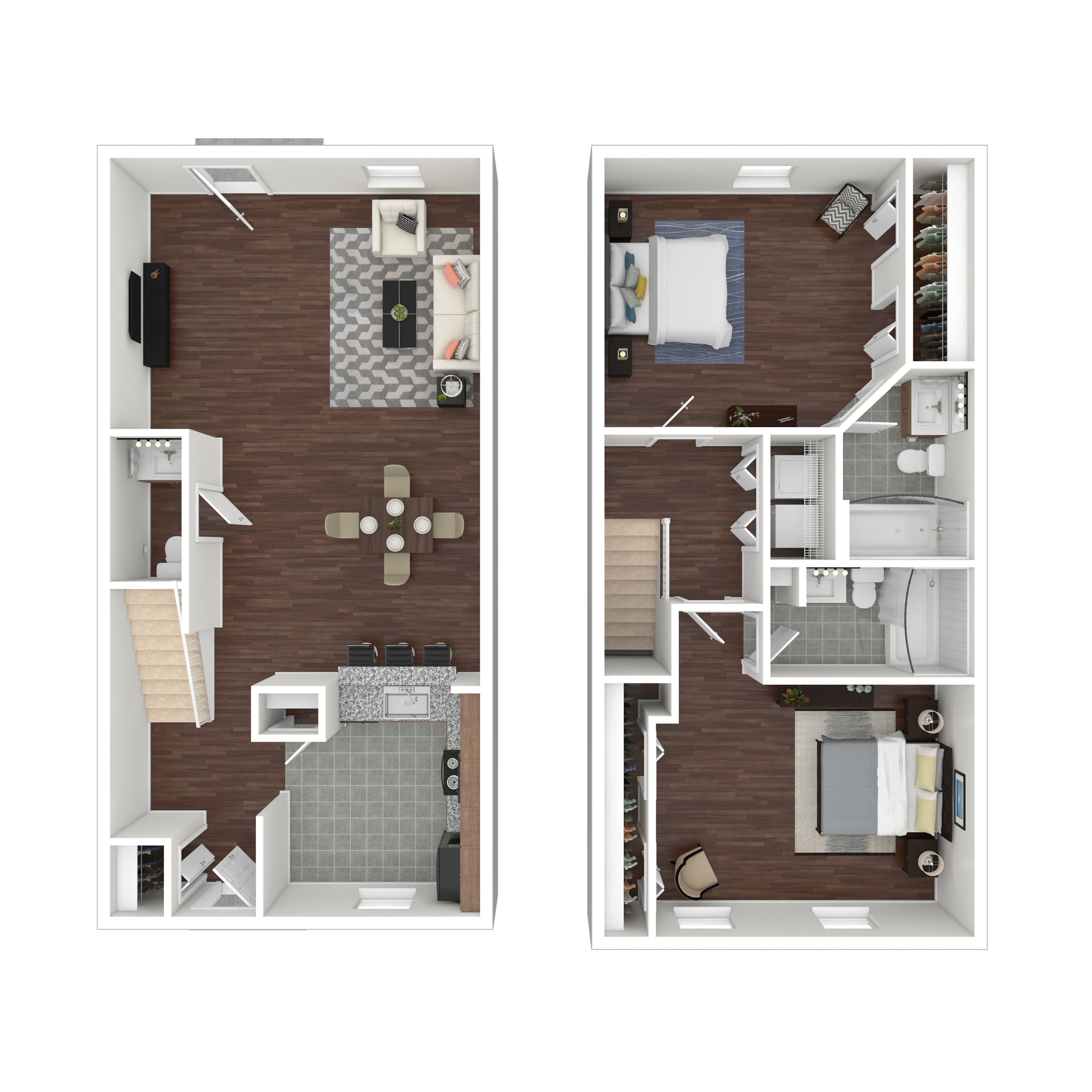 Modern 3D floor plan featuring a 2-bedroom townhouse with open-concept living area, stylish kitchen, and elegant bathrooms, perfect for contemporary living.