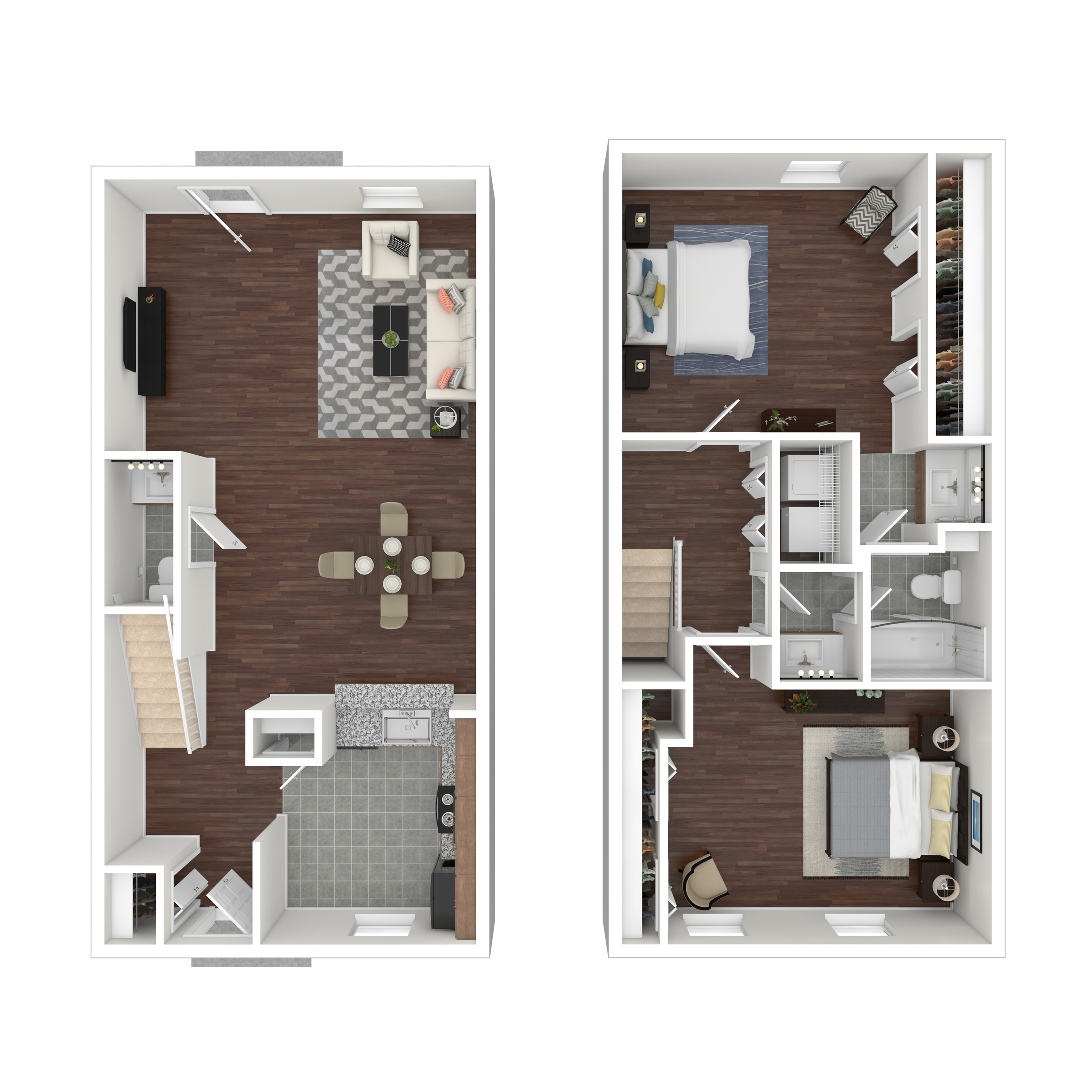 Chic two-story floor plan featuring 2 spacious bedrooms, elegant open-concept living and dining area, modern kitchen with sleek finishes, and stylish bathrooms.