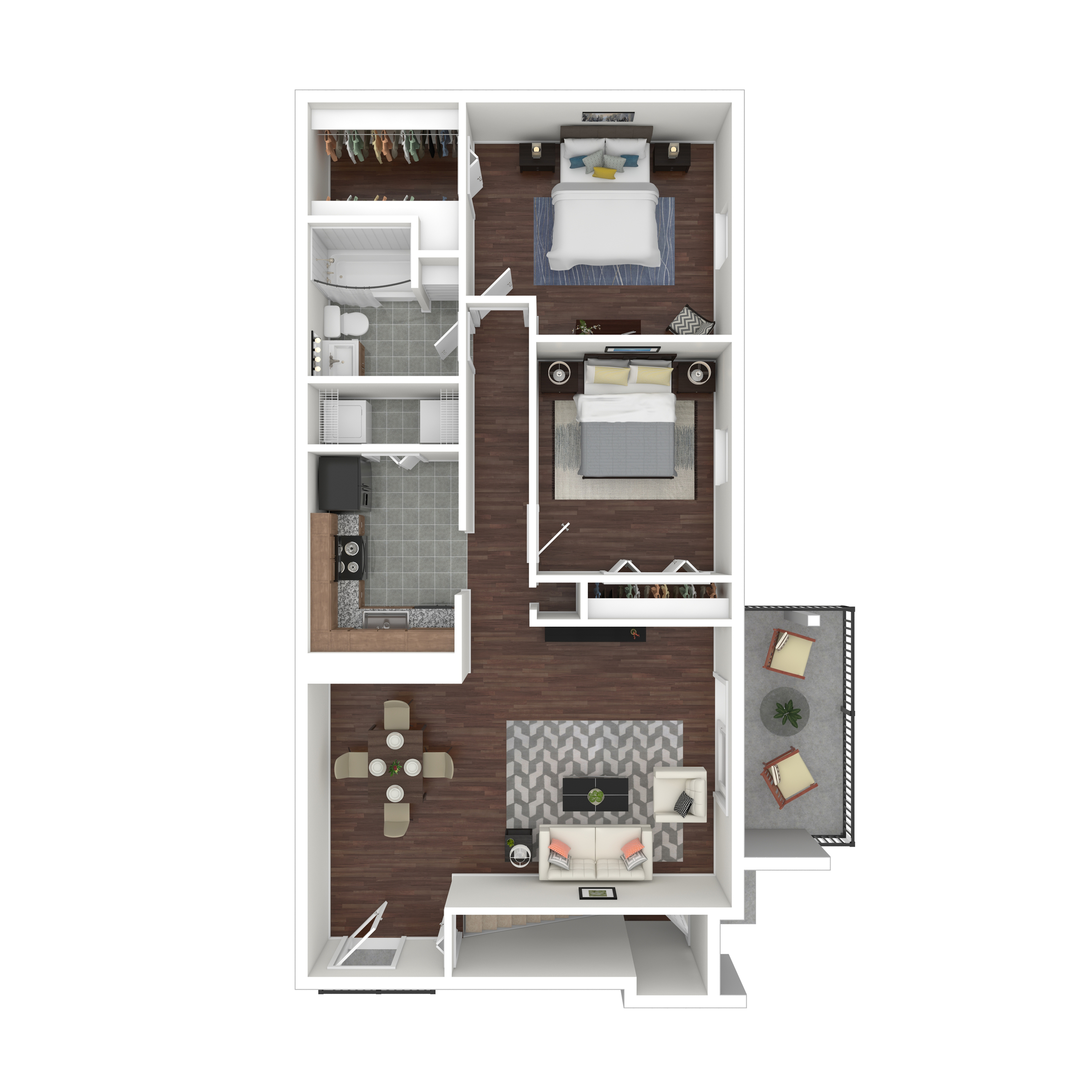 Contemporary 2-bedroom apartment floor plan with sleek kitchen, cozy living area, and charming balcony.