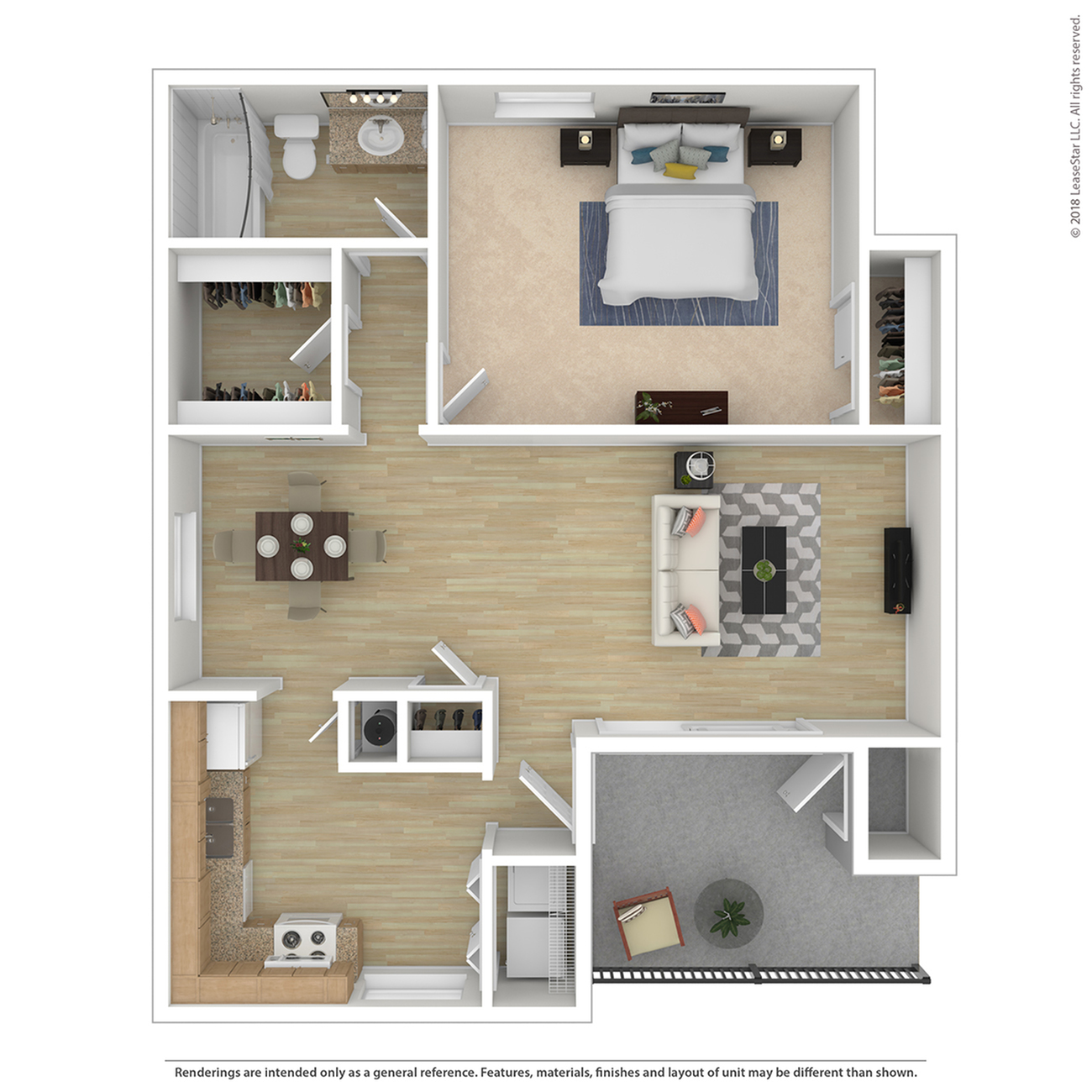 Chic apartment floor plan showcasing a modern layout with one bedroom, open living and dining area, sleek kitchen, spacious balcony, and a bathroom.