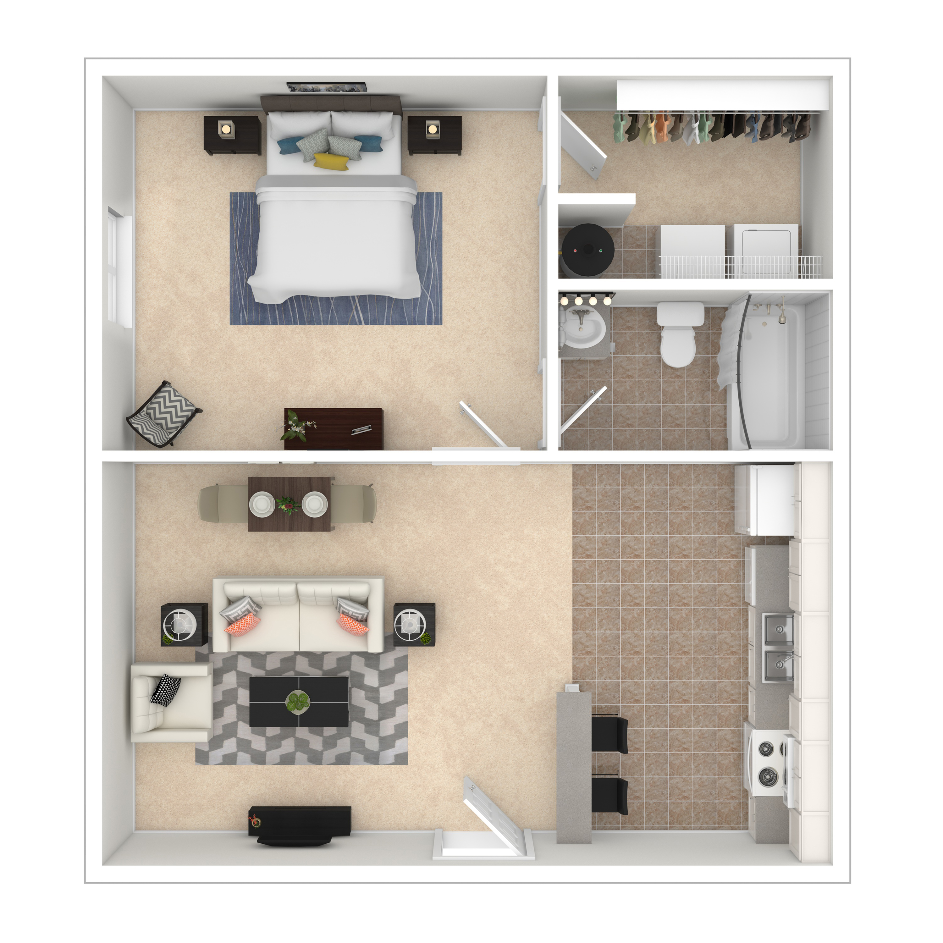 Cozy 1-bedroom apartment floor plan featuring a spacious living area, modern kitchen with breakfast bar, and elegant bathroom.