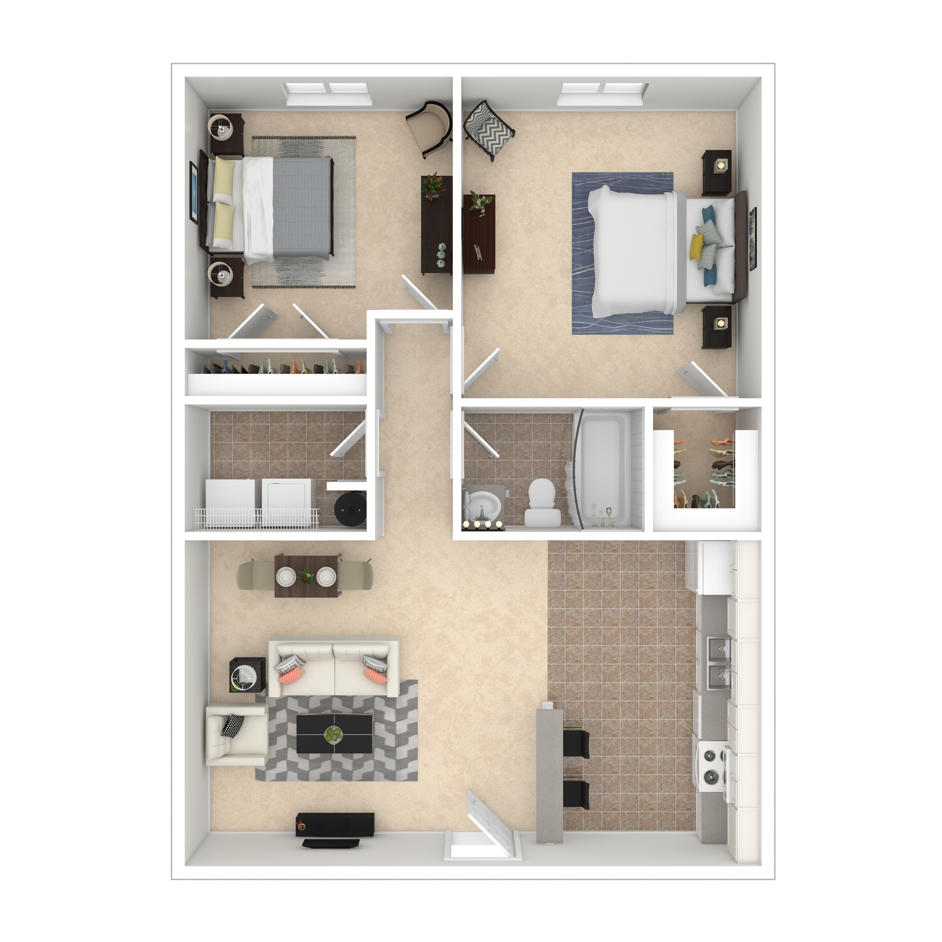 Chic 3D floor plan showcasing two cozy bedrooms, a sleek modern kitchen, and an inviting living room, perfect for comfortable living.