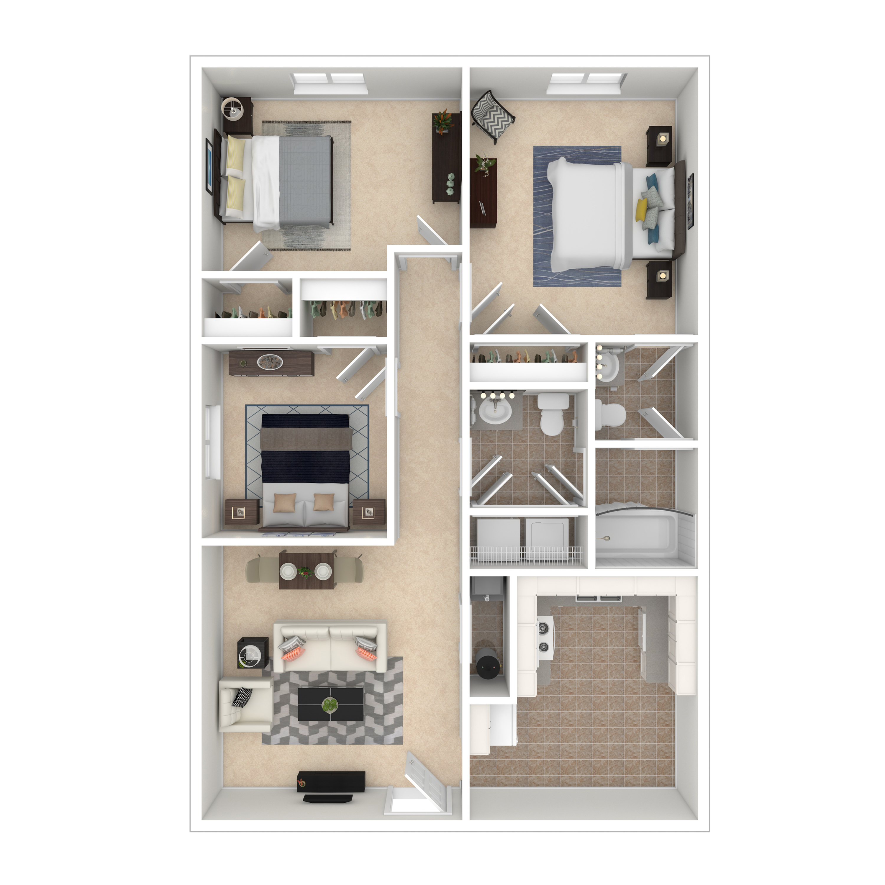 Charming 3D floor plan of a two-bedroom apartment featuring a cozy living room, modern kitchen, and two sleek bathrooms.