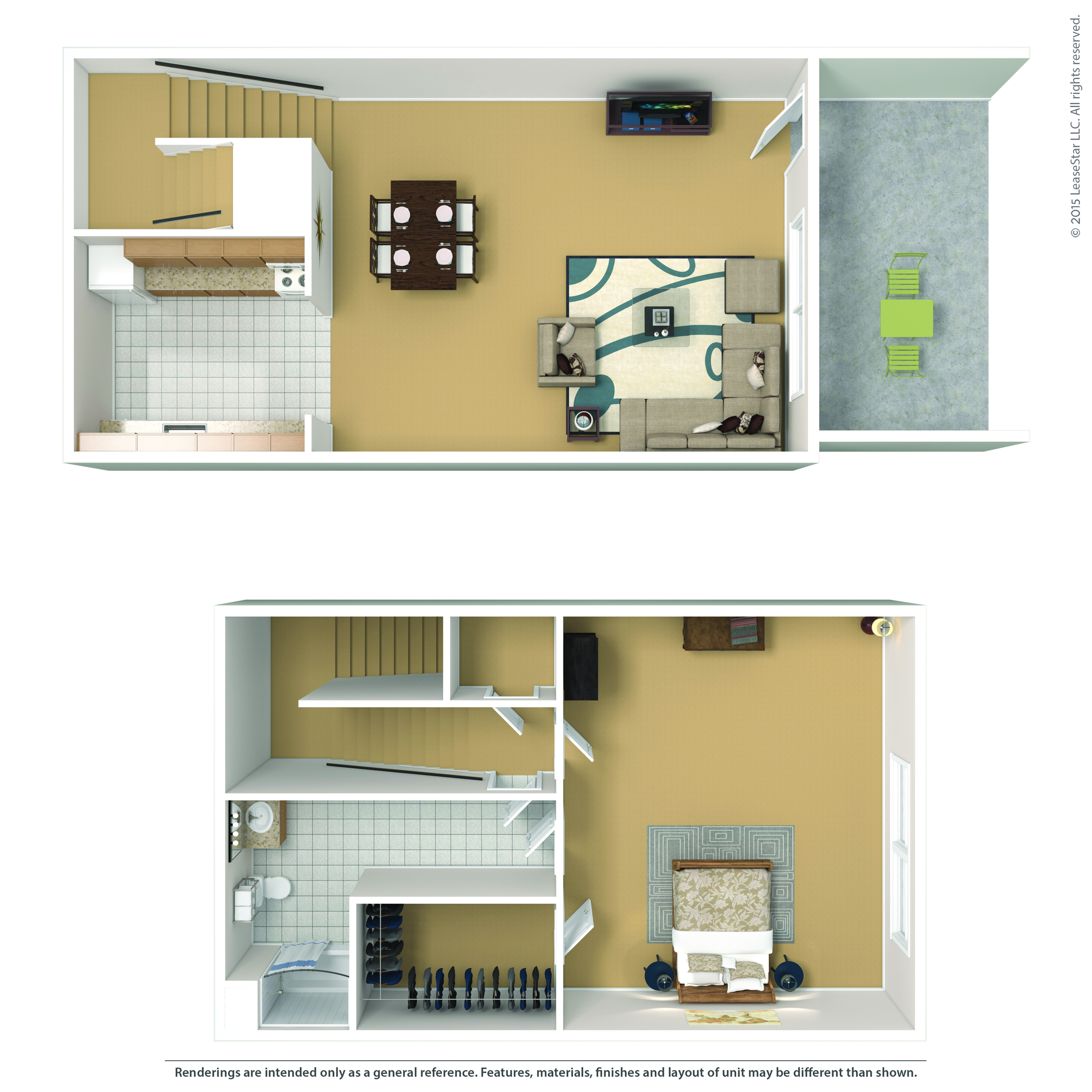 Modern 2D floor plan showcasing a two-story apartment with spacious living room, dining area, open kitchen, elegant bedroom, stylish bathroom, and cozy balcony.