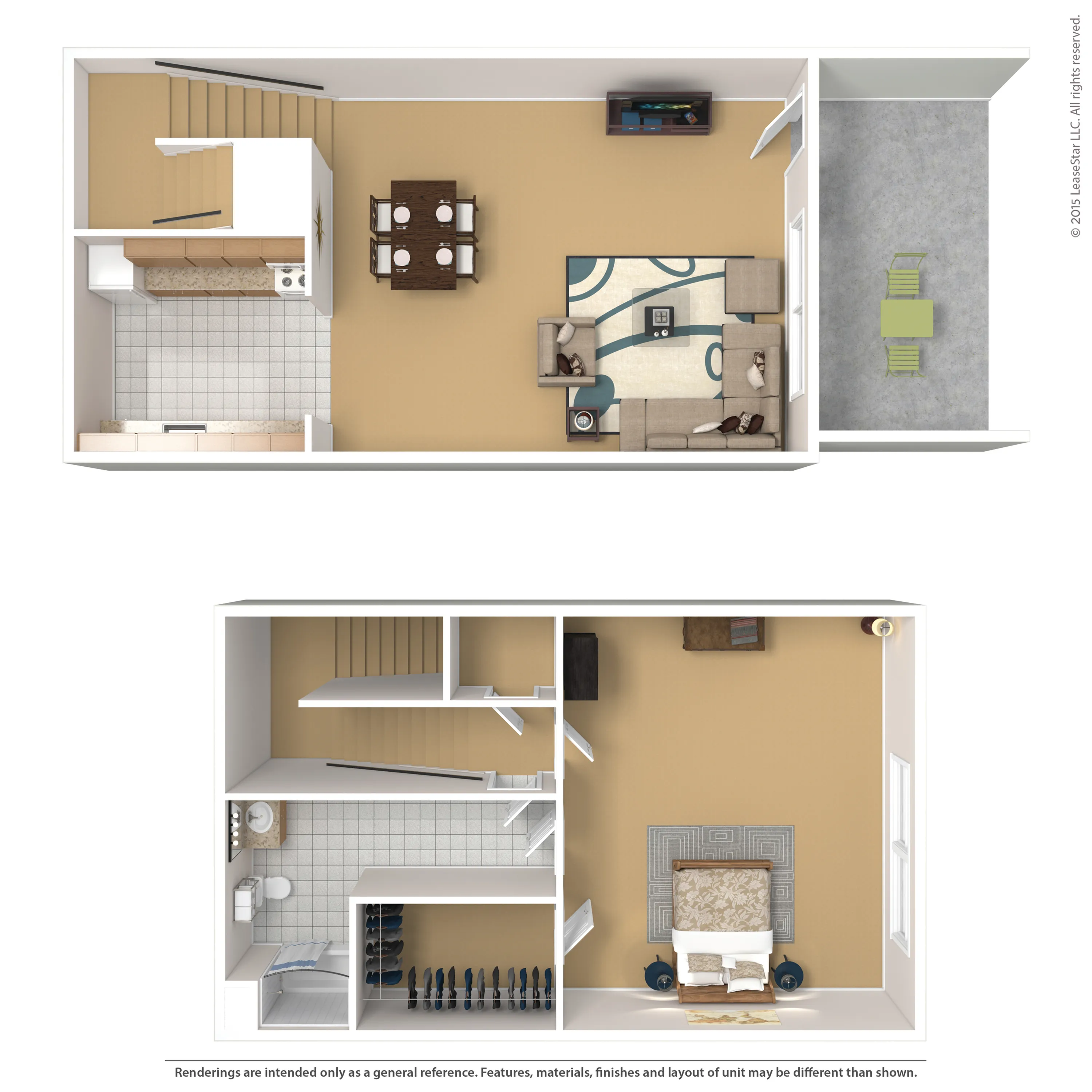 Charming duplex floor plan showcasing an open-concept living area, stylish dining space, modern kitchen, and cozy bedroom retreat, ideal for comfortable living.
