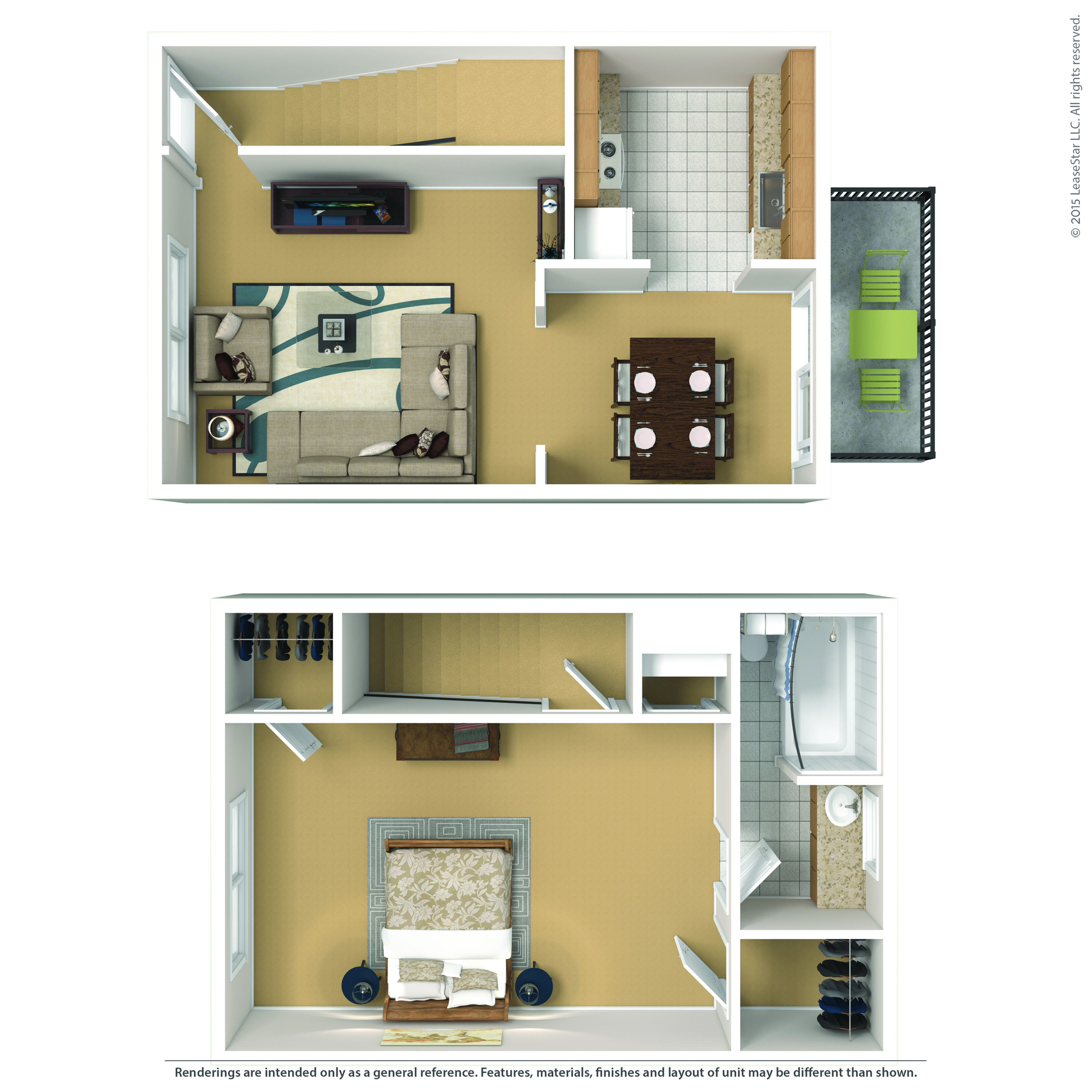 Chic two-level floor plan featuring a modern open-plan living area, stylish kitchen, inviting dining room, and cozy bedroom with luxurious bathroom.