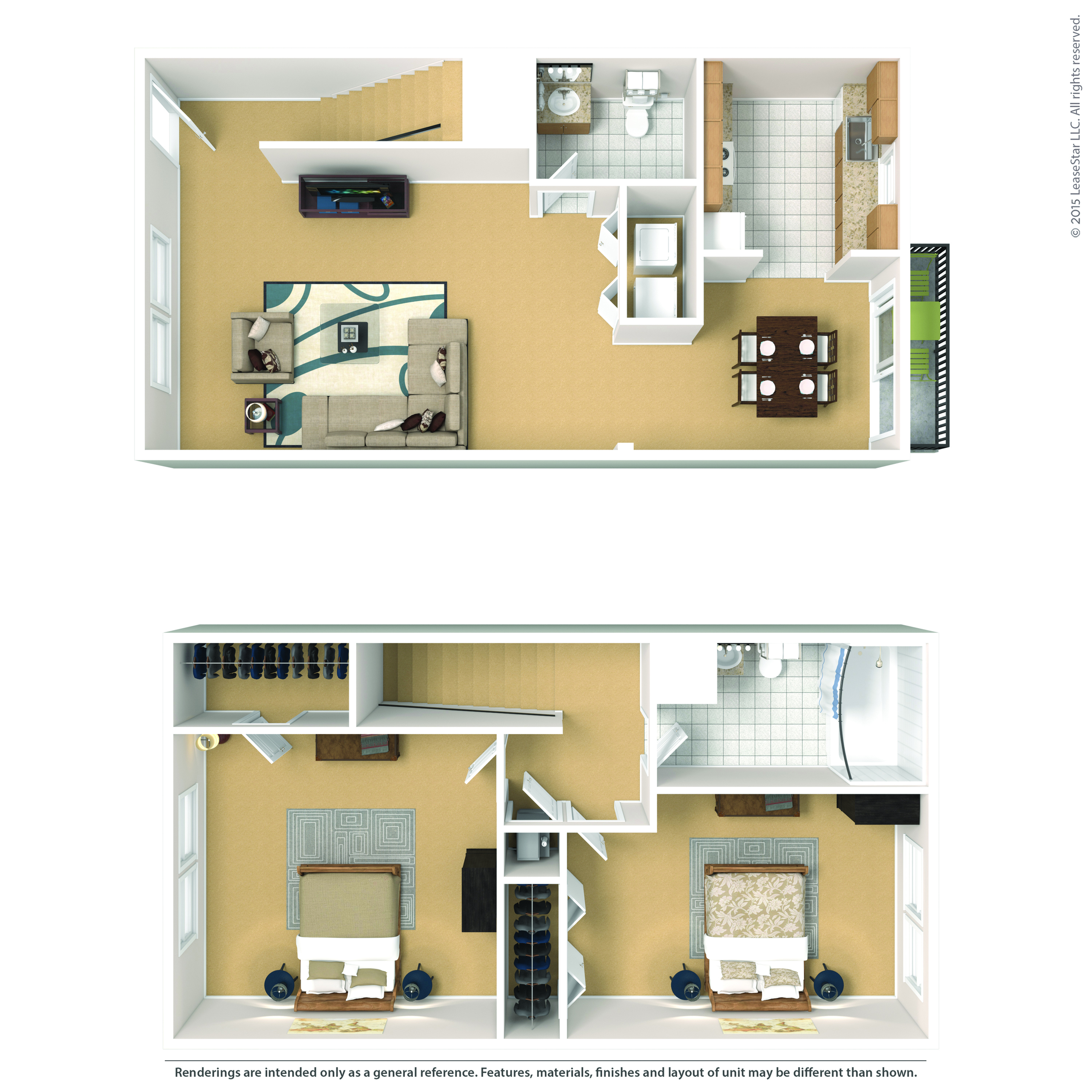 Modern apartment floor plan showcasing two levels, featuring a spacious living room, elegant dining area, and a well-equipped kitchen on the main floor; two cozy bedrooms with ample storage and a stylish bathroom on the upper level.