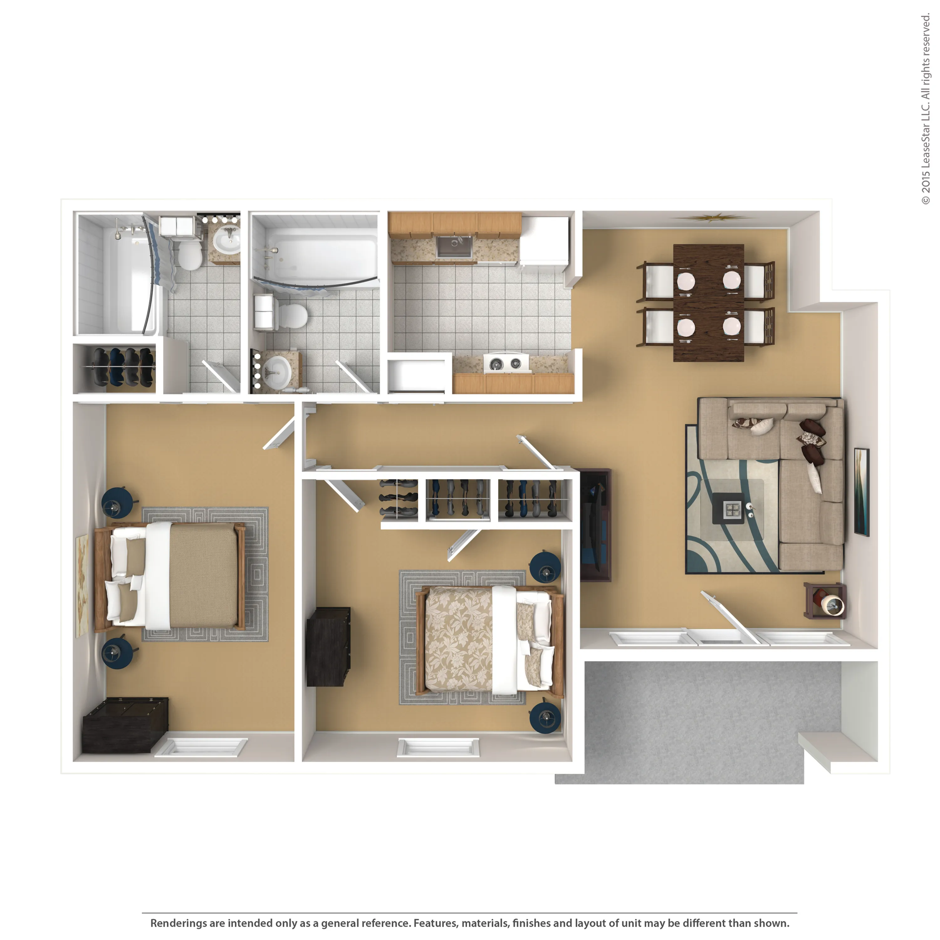 Chic 2D floor plan with modern 2 bedrooms, cozy living room, functional kitchen, and elegant dining area.
