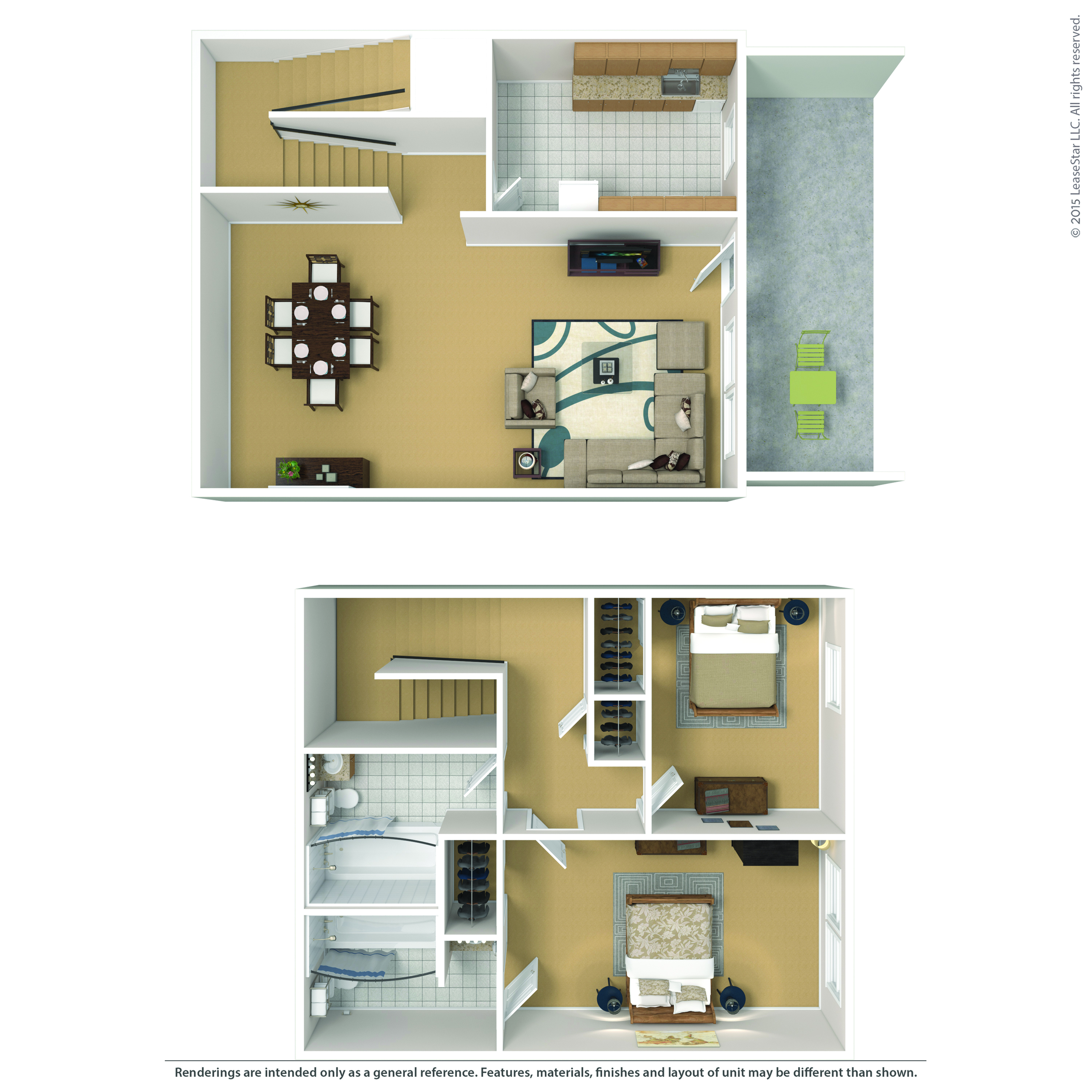 Elegant 3D floor plan showcasing a two-story layout with a spacious living room, dining area, modern kitchen, two cozy bedrooms, and a stylish balcony. Ideal for comfortable living.