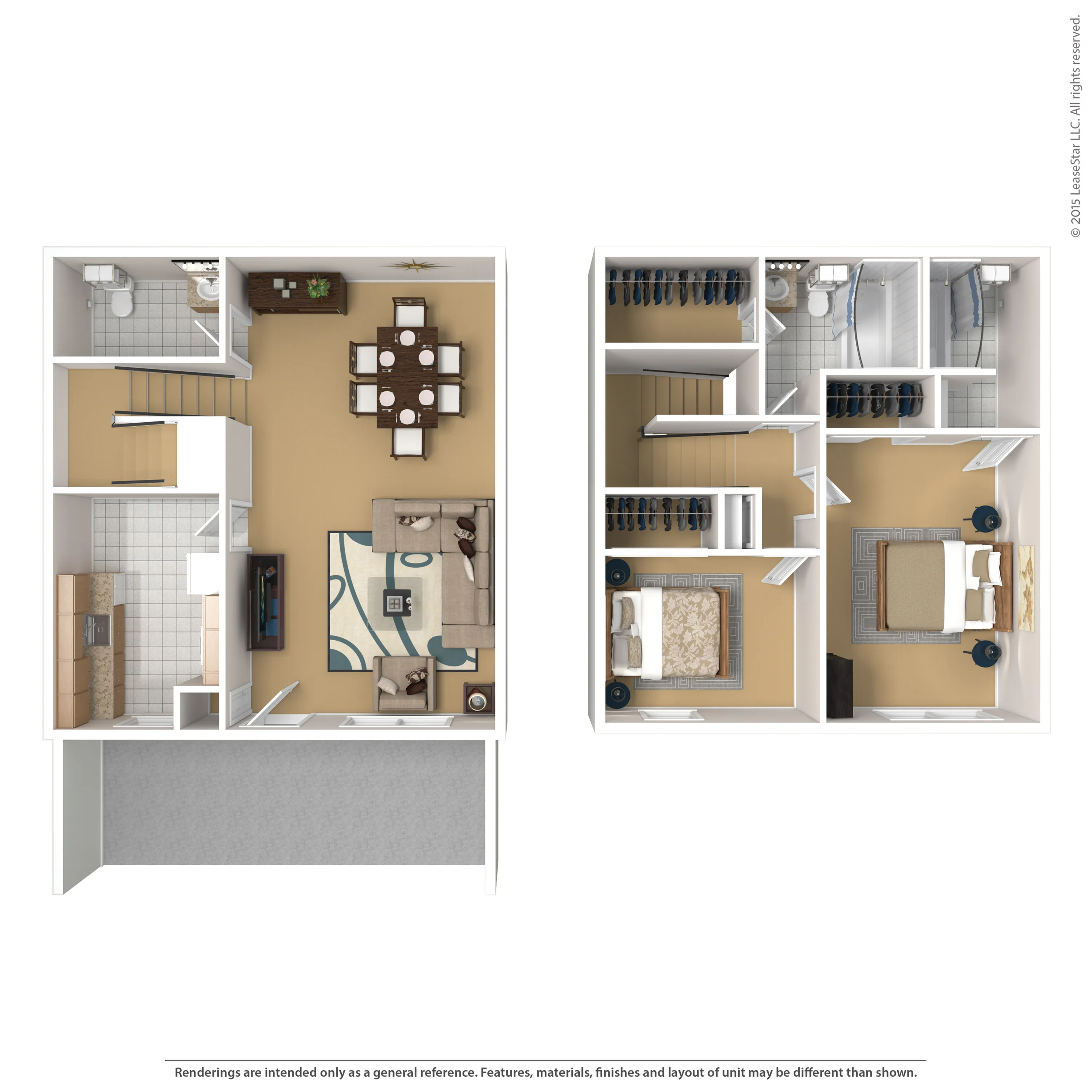 Chic 2D floor plan highlighting a spacious two-story apartment with a modern living area, elegant dining room, well-equipped kitchen, and two cozy bedrooms.