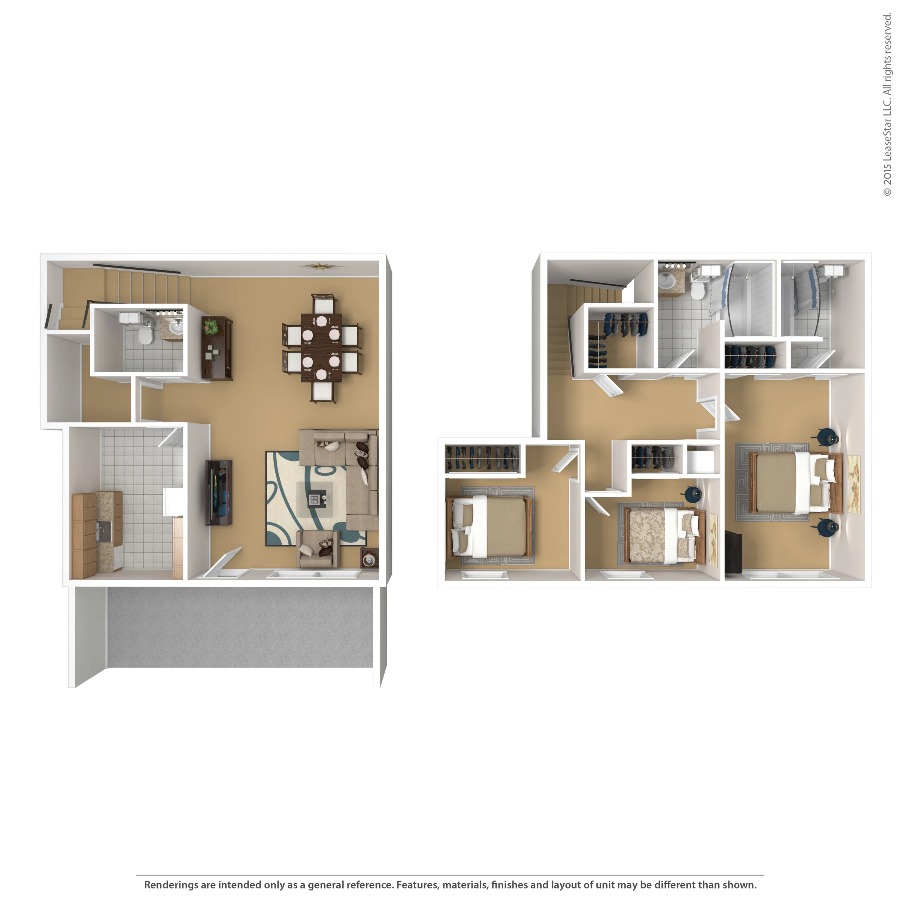 Modern duplex floor plan showcasing three spacious bedrooms, cozy open living and dining area, and a sleek kitchen, perfect for comfortable family living.
