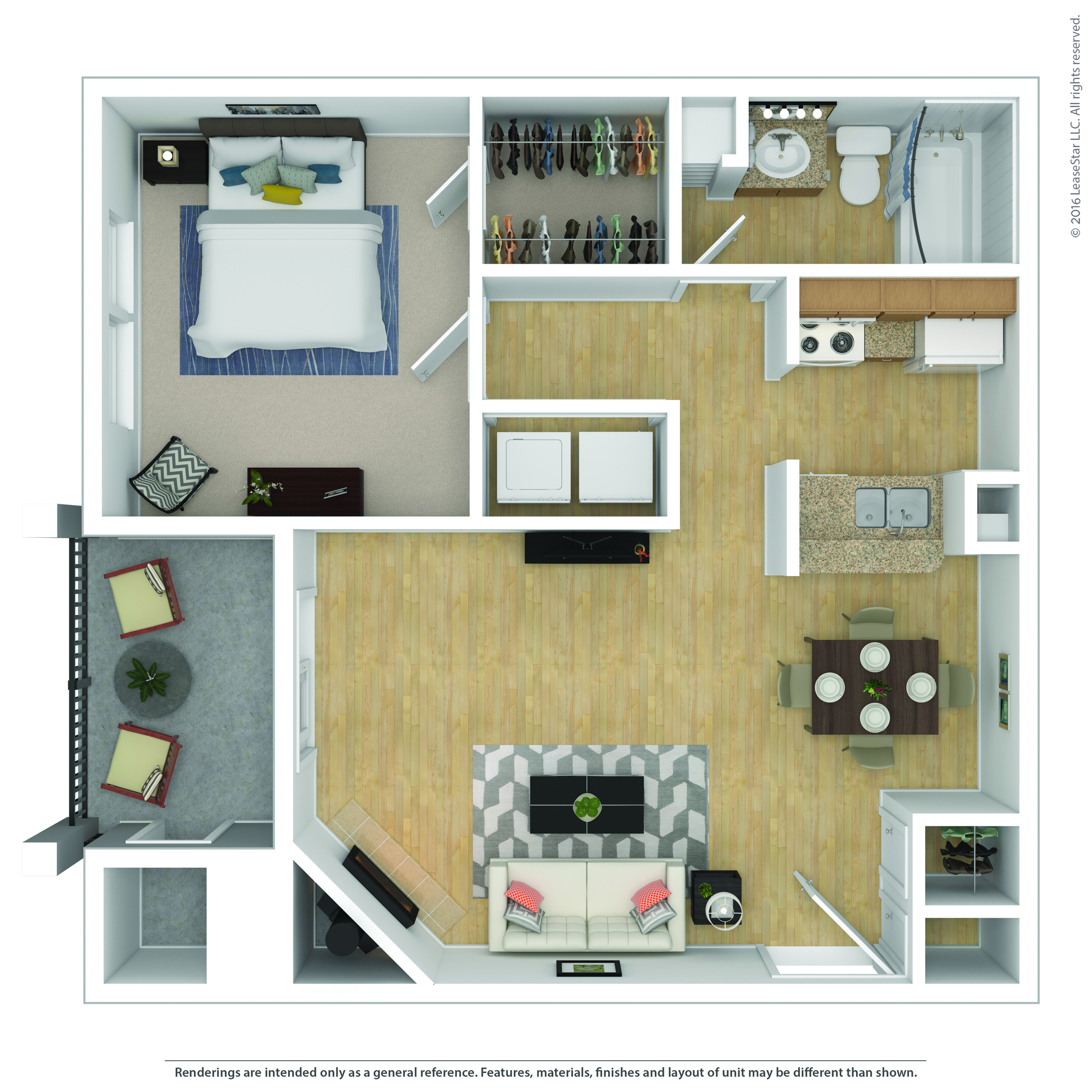 Modern floor plan showcasing one-bedroom apartment with open-concept living and dining area, elegant kitchen, and stylish balcony.