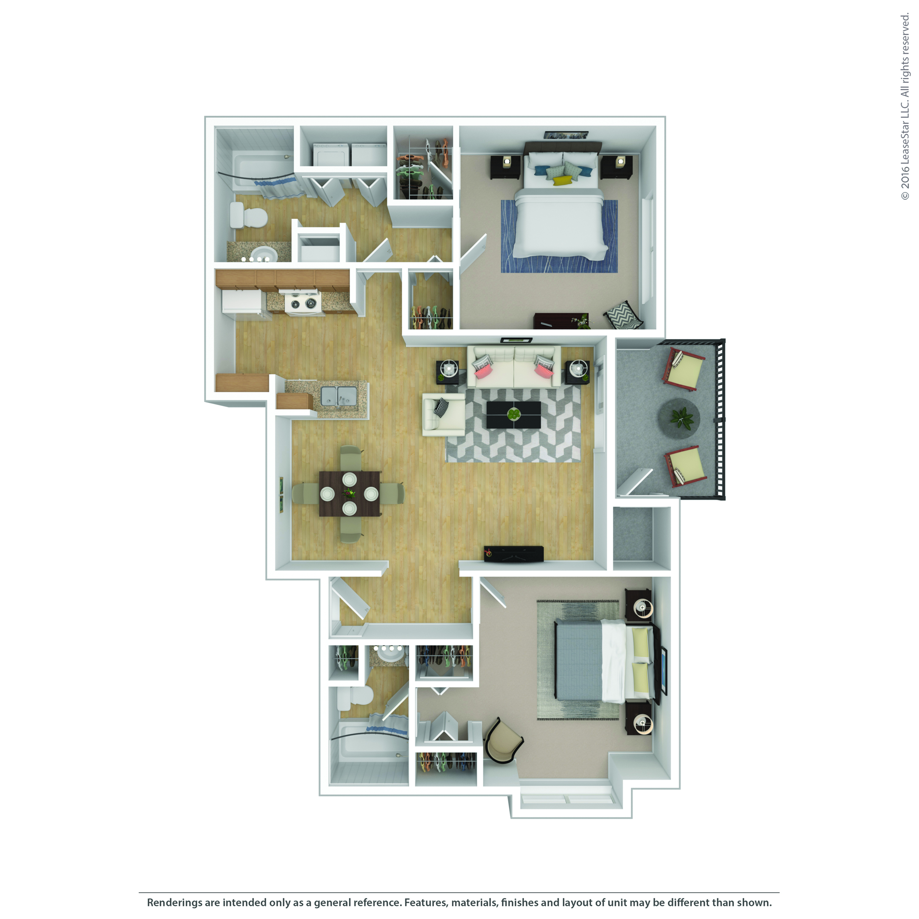 Modern 3D floor plan showcasing 2 spacious bedrooms, open living area, stylish kitchen, and balcony for urban living.