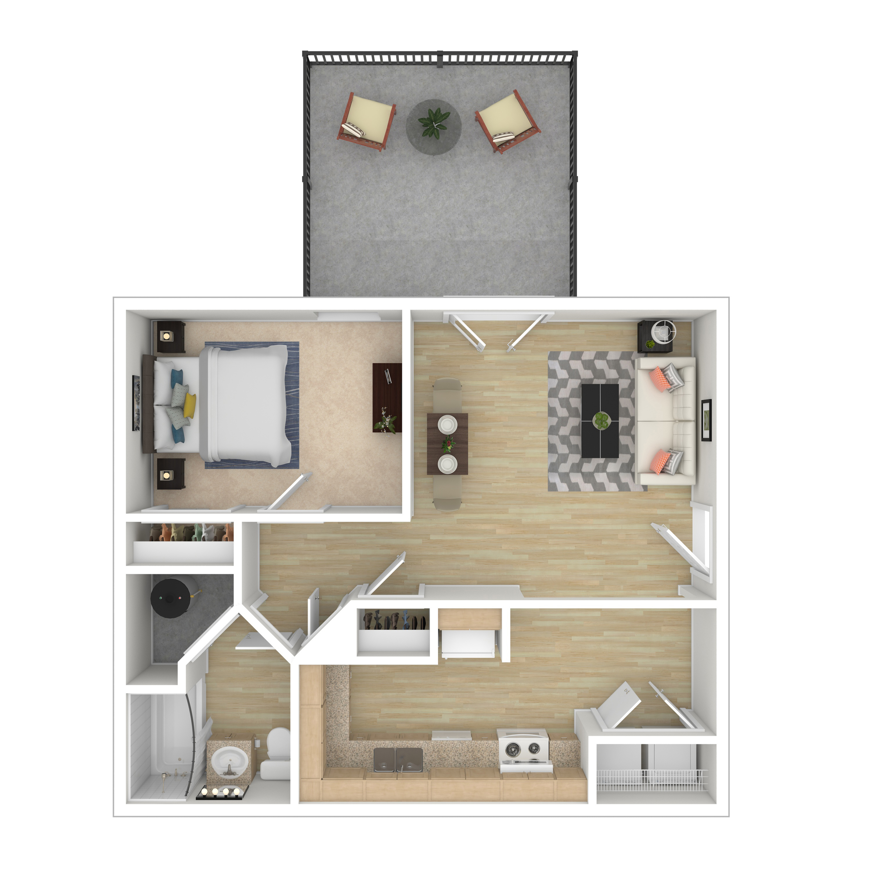 Chic 1-bedroom apartment floor plan featuring an open-concept living and dining area, a modern kitchen, and a private patio.