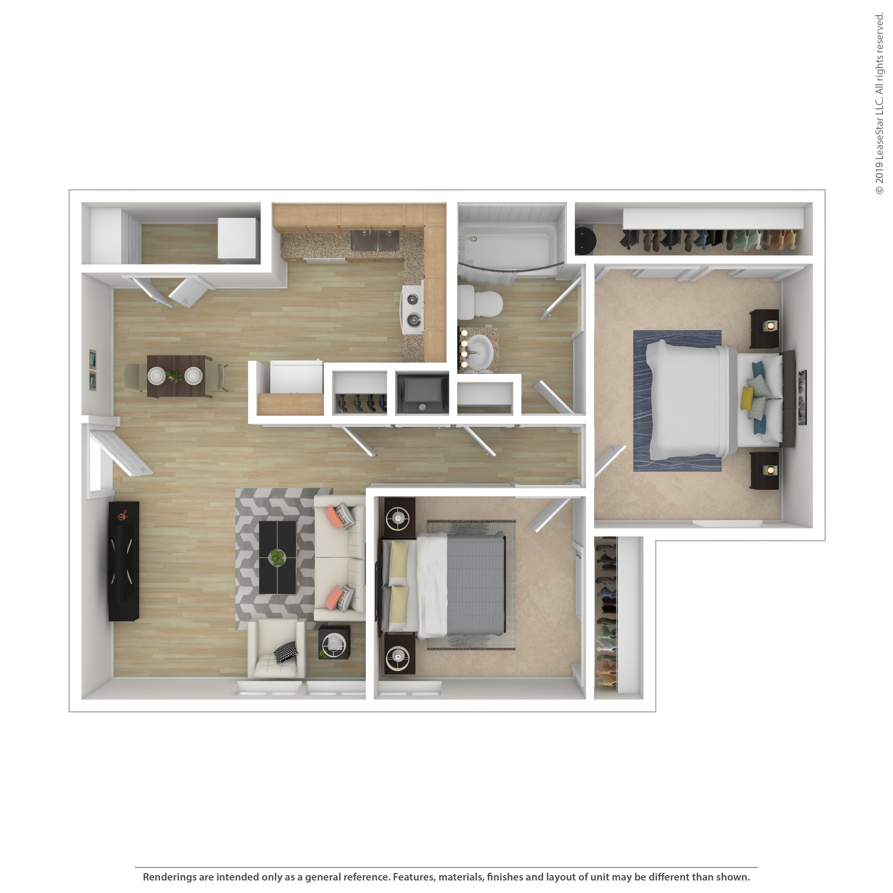 Modern 2D floor plan showcasing 2 bedrooms, an inviting open-plan living area, a sleek kitchen, and ample closet space.
