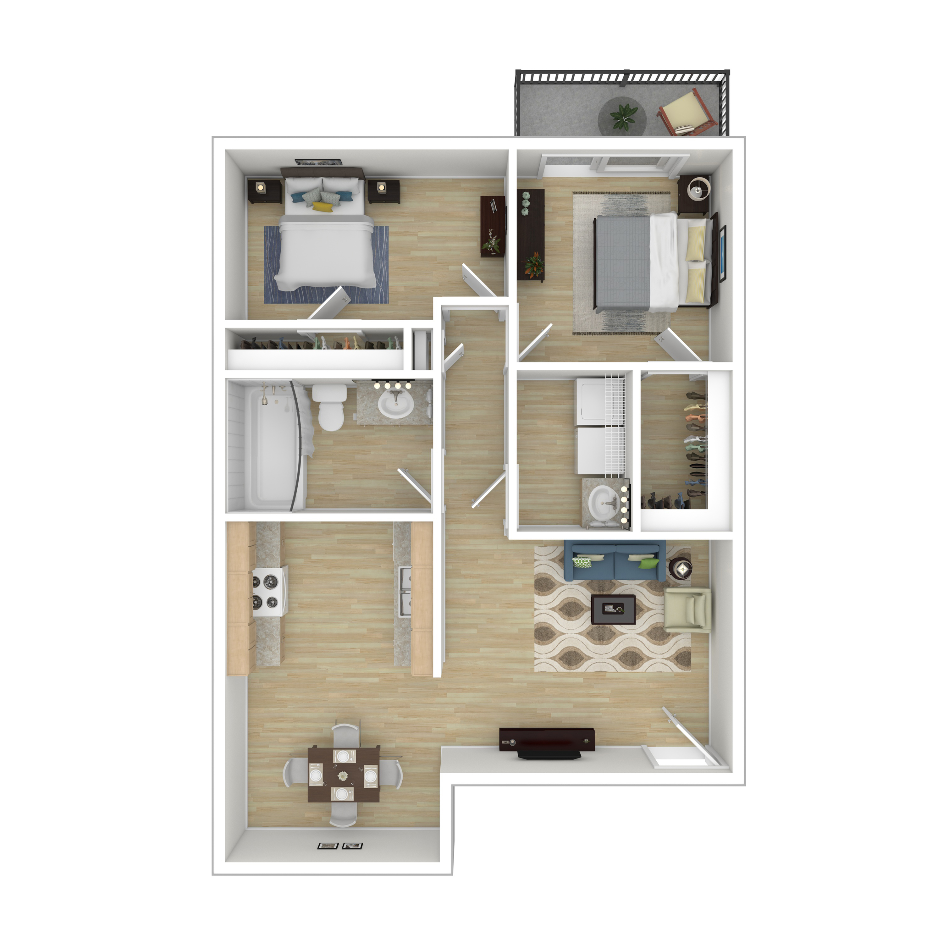 Modern 2D floor plan showcasing 2 cozy bedrooms, inviting living area, sleek kitchen, and elegant bathroom with balcony view.