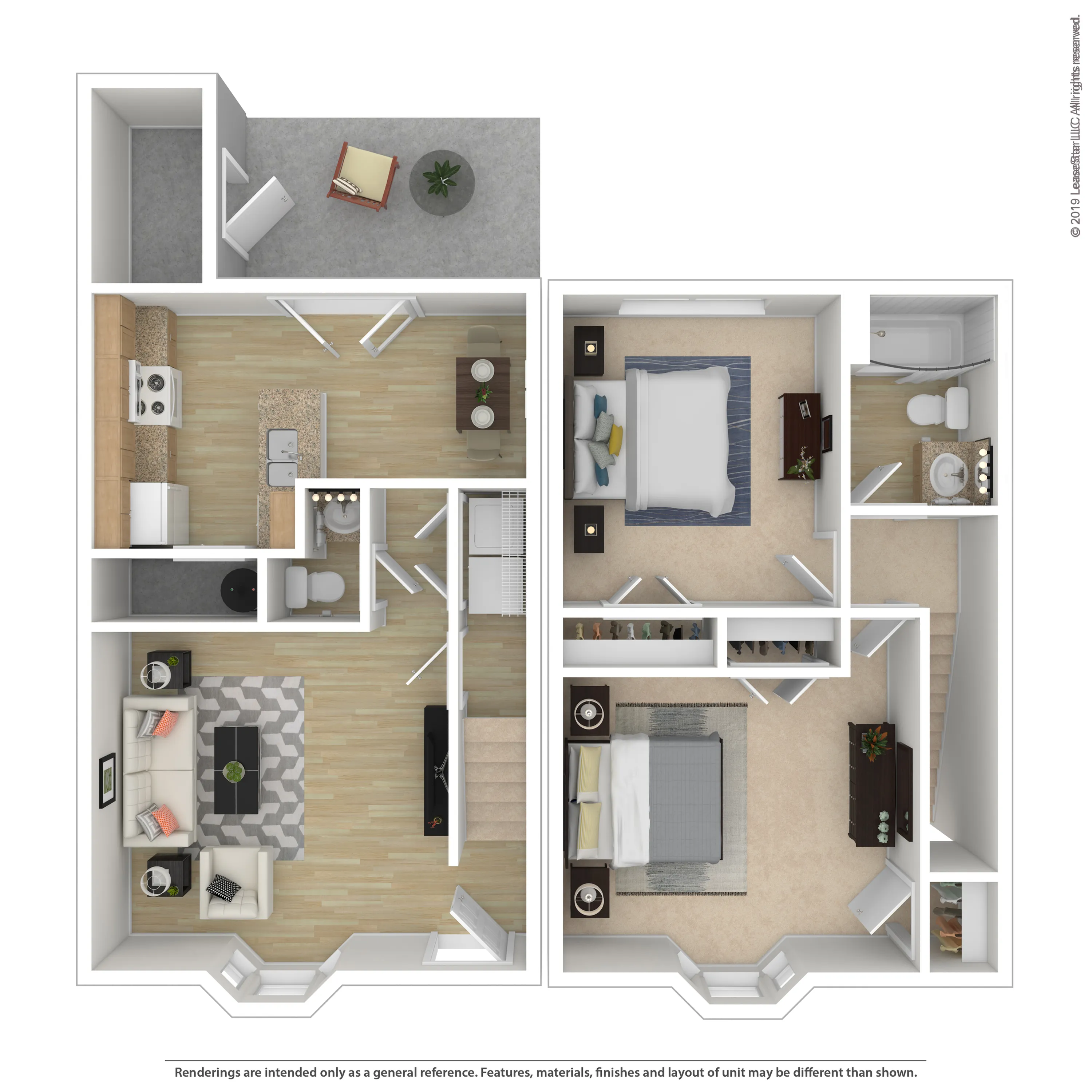 Modern 3D floor plan showcasing an inviting 2-bedroom apartment with open-concept living, dining area, stylish kitchen, and private balcony.