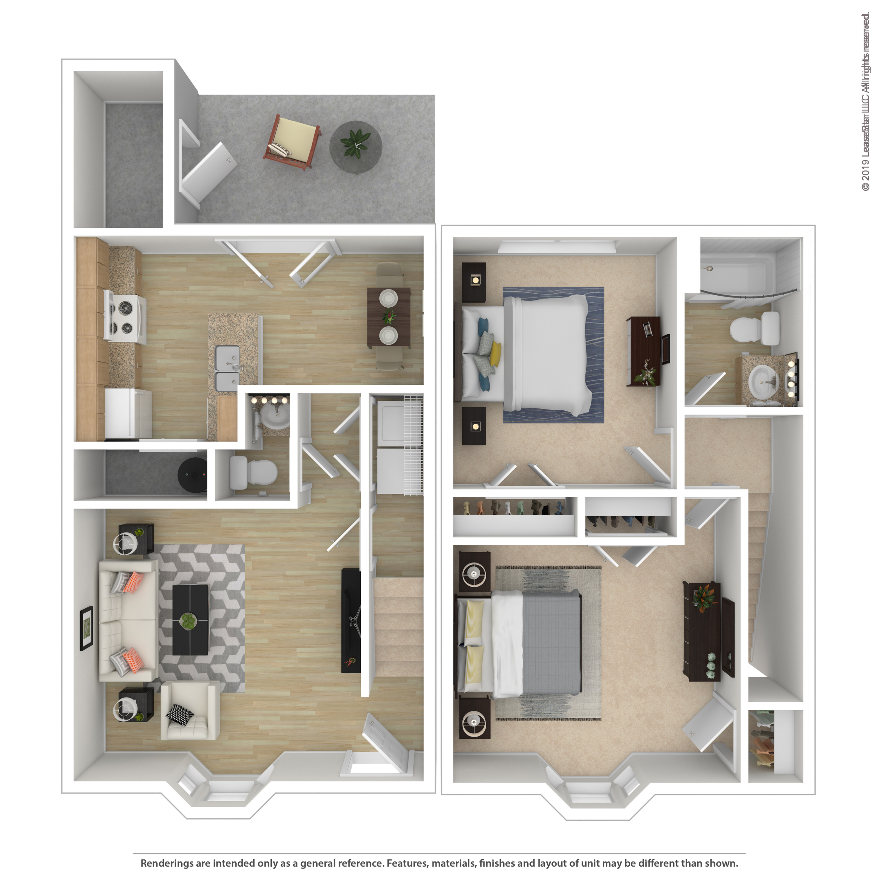 Elegant 3D floor plan showcasing 2 spacious bedrooms, a modern kitchen, cozy living room, and private outdoor patio.