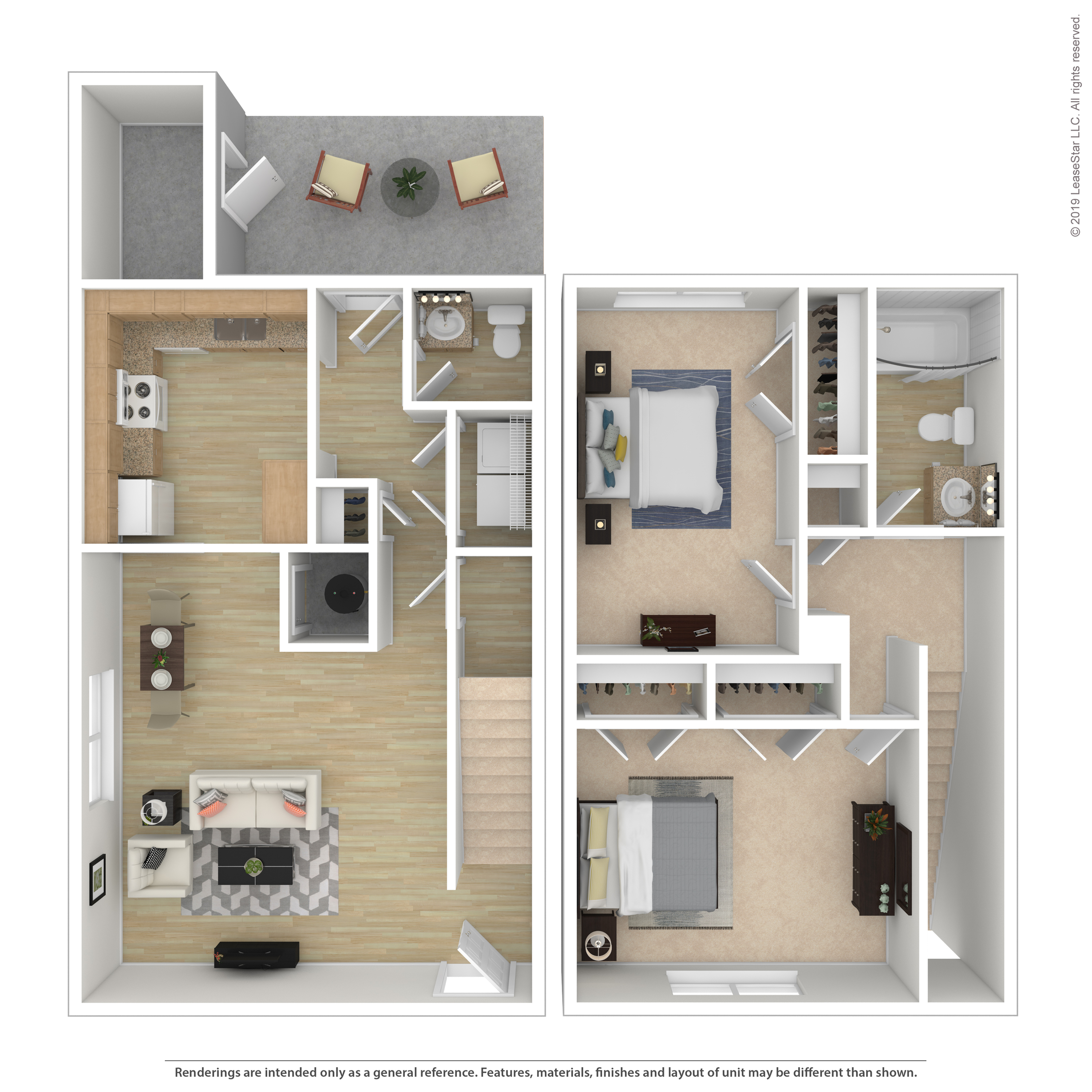 Modern 3D floor plan featuring an inviting open-concept living area, two spacious bedrooms, stylish kitchen, and private balcony, ideal for comfortable living.
