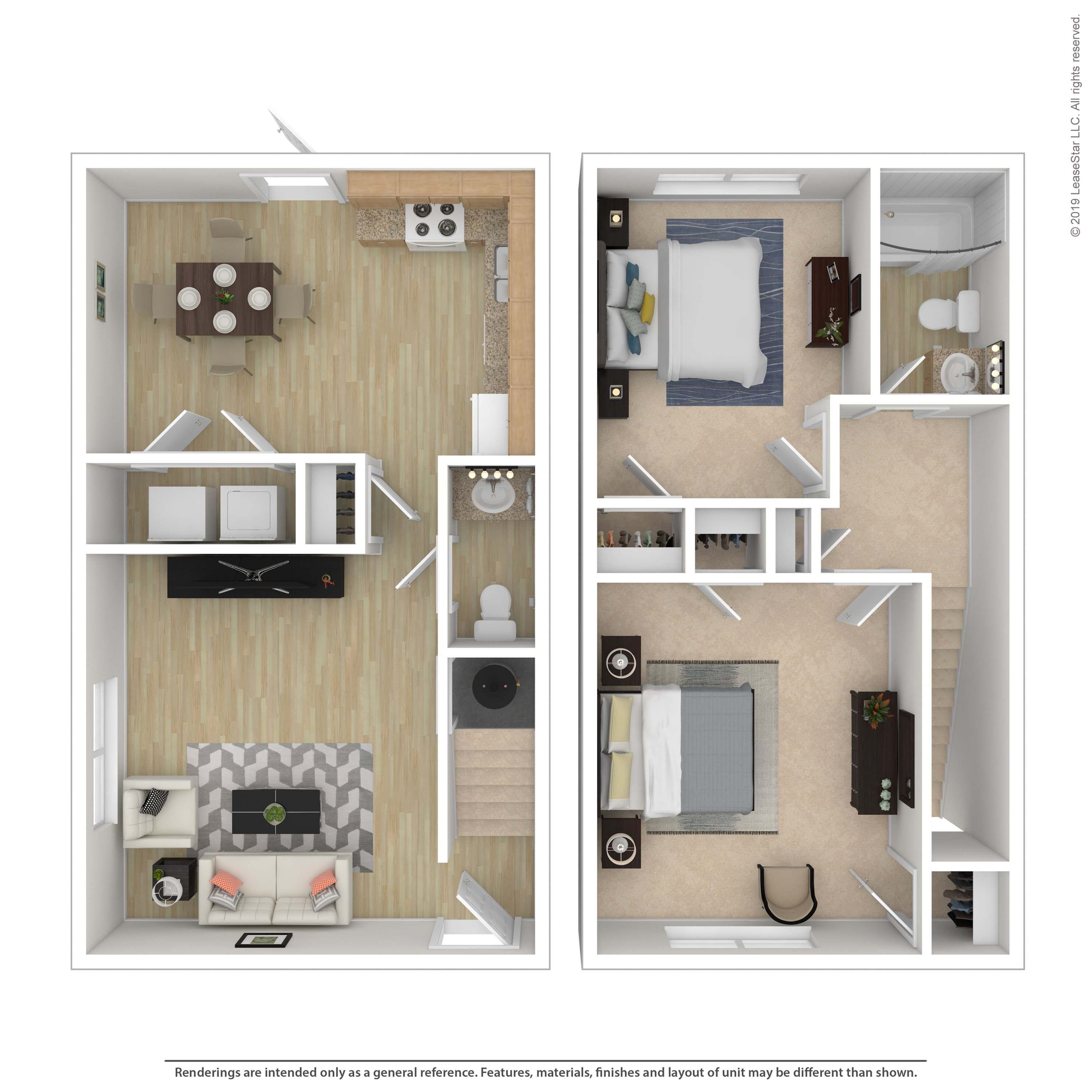 Modern 3D floor plan showcasing an open-concept living and dining area, two cozy bedrooms, a stylish kitchen, and two bathrooms.