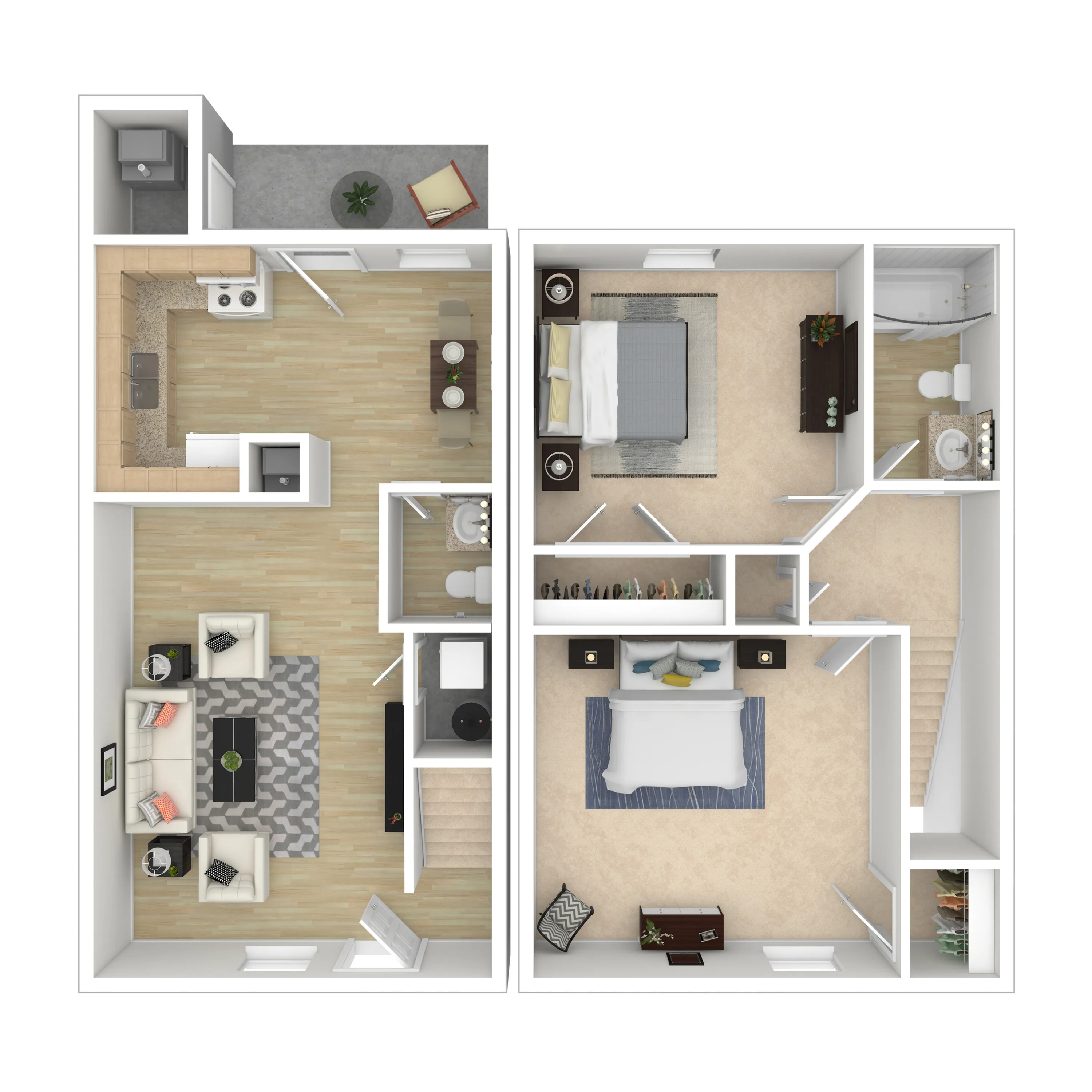 Modern 2-bedroom apartment floor plan featuring an open living room, stylish kitchen, and inviting bedrooms.