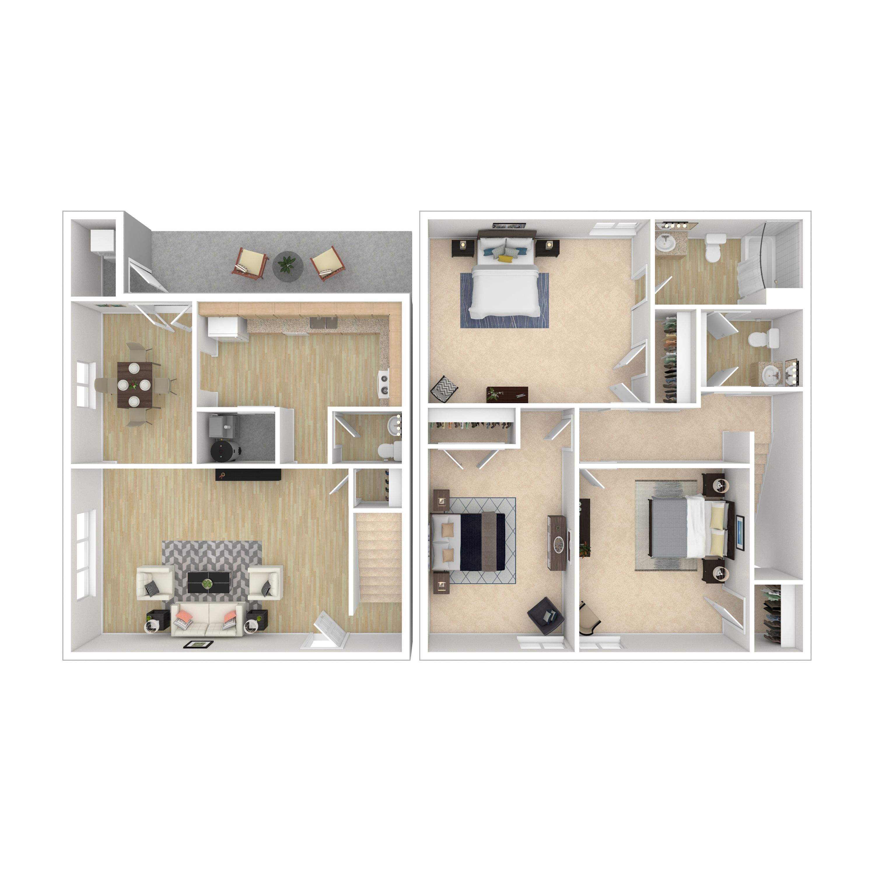 Elegant 2D floor plan featuring 2 bedrooms, a cozy living room, modern kitchen, and two bathrooms with outdoor seating area.
