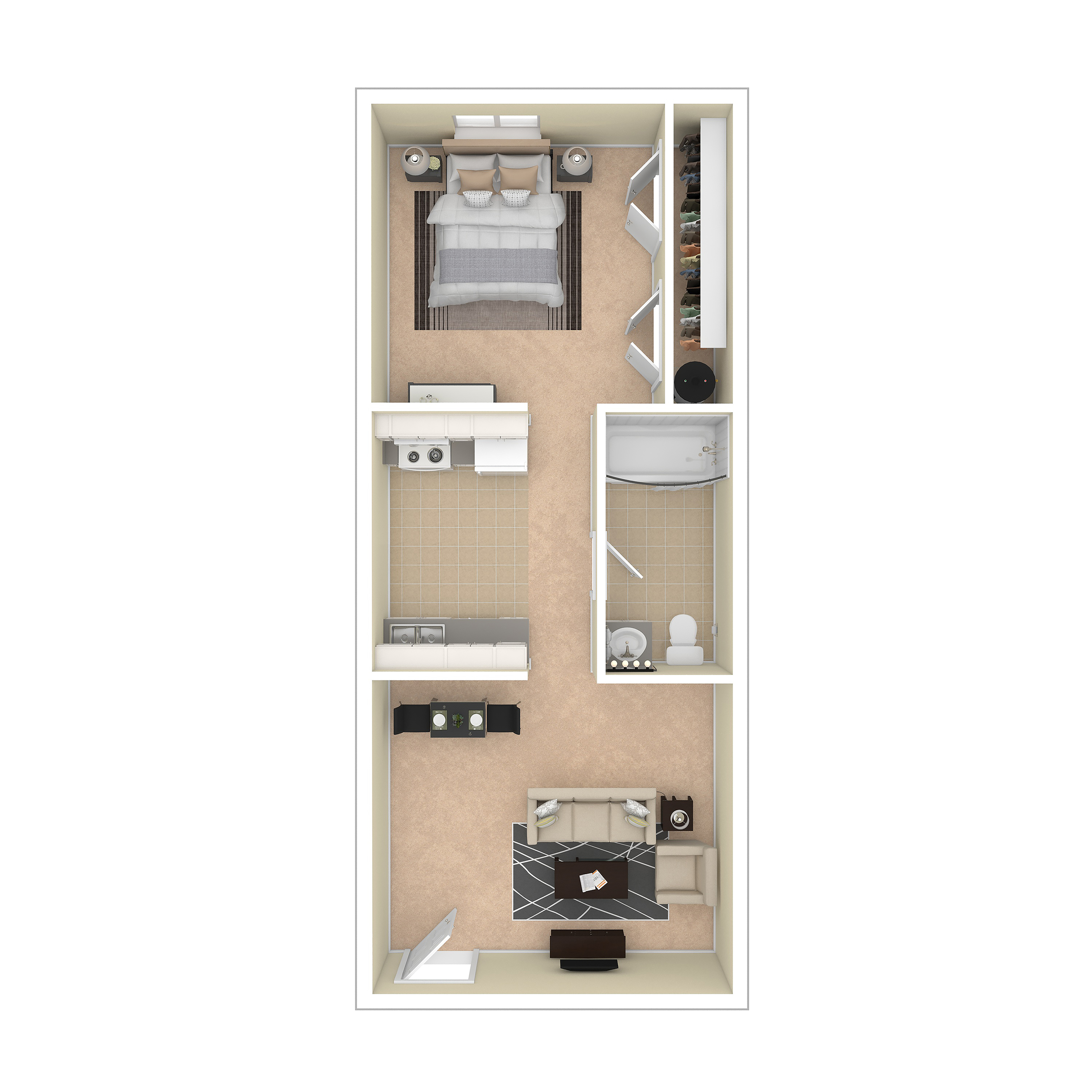 Modern 3D floor plan showcasing a 1-bedroom apartment with an open kitchen, spacious living area, and stylish bathroom.