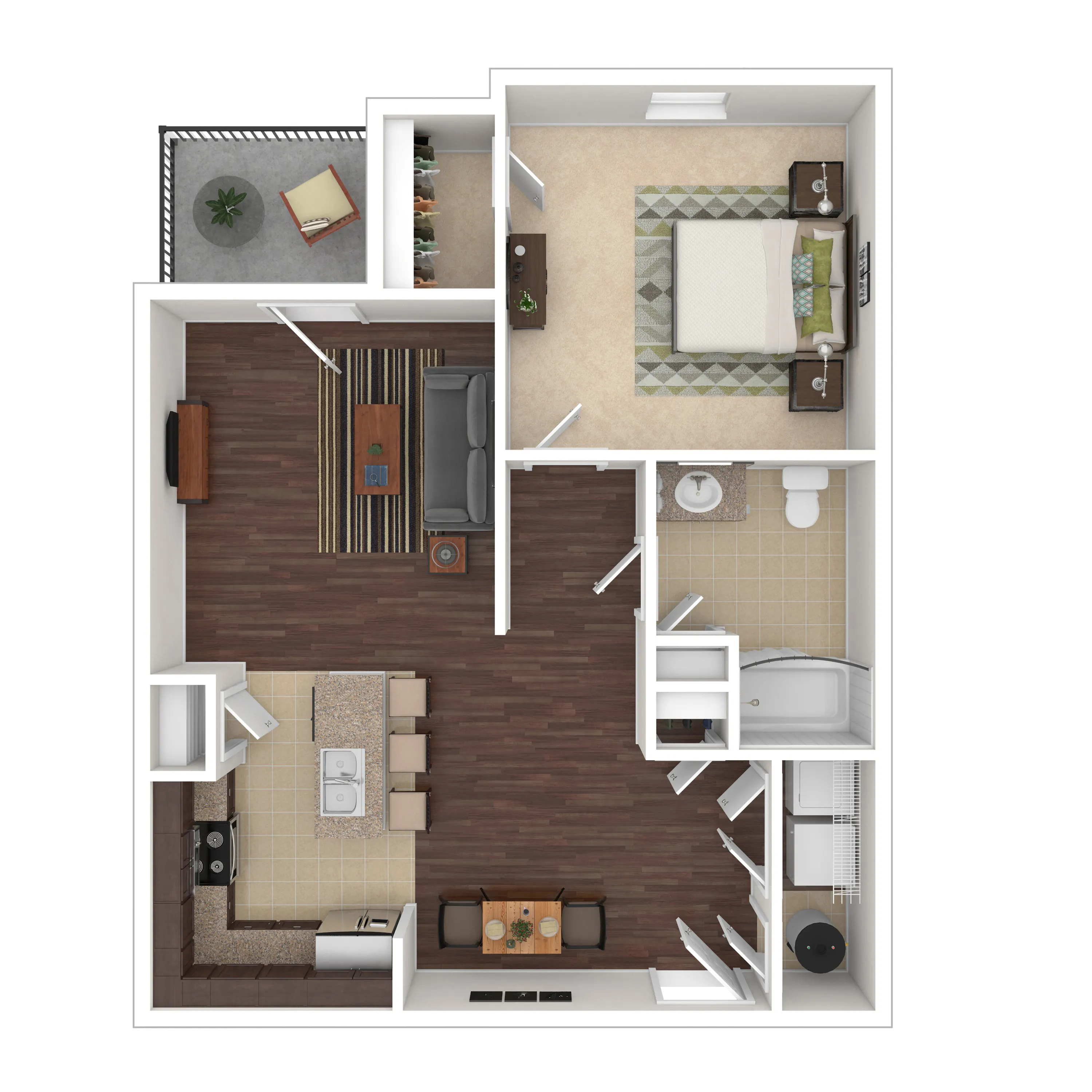 Cozy floor plan featuring 1 bedroom, a spacious living area, modern kitchen, and private balcony, perfect for urban living.