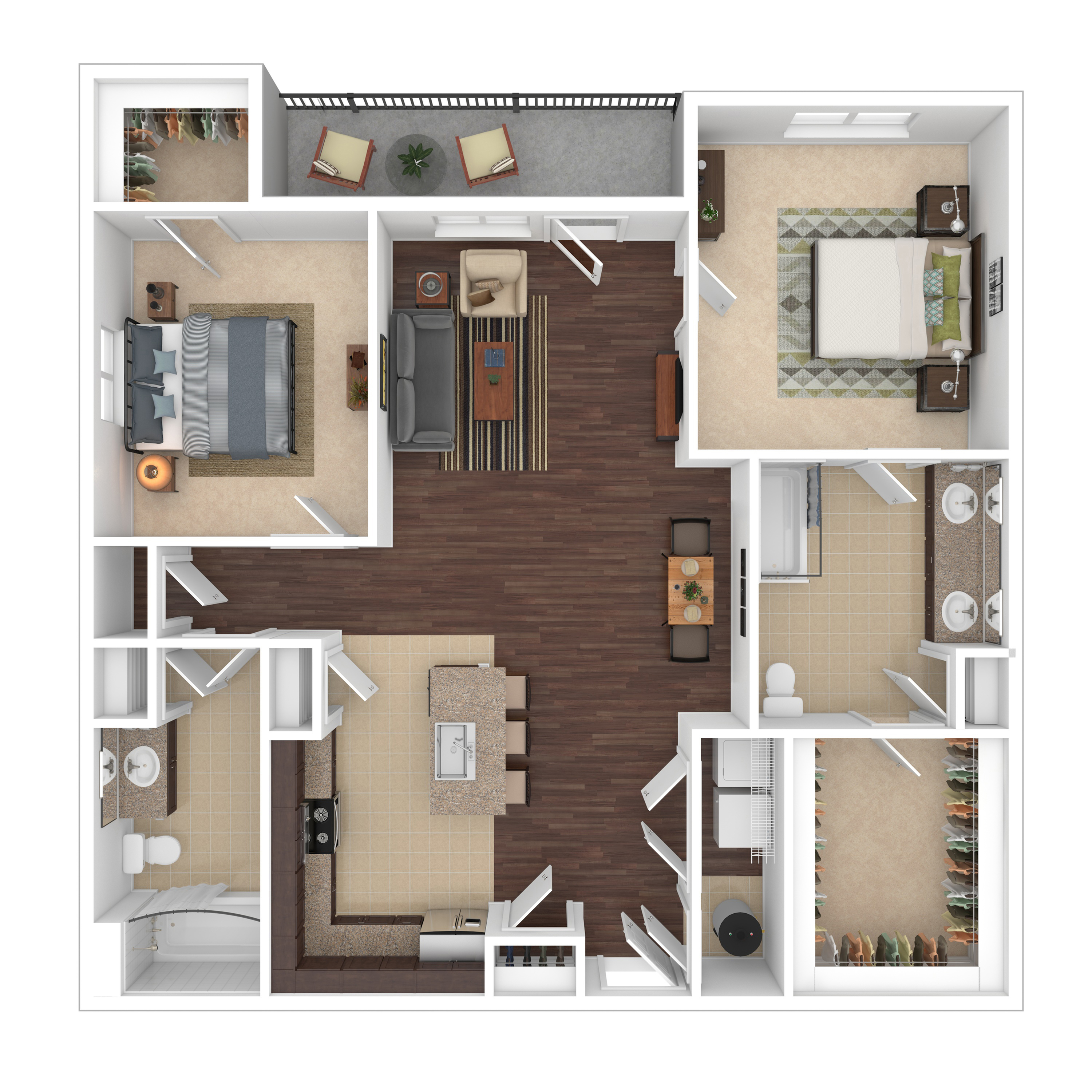 Modern 3D floor plan showcasing 2 welcoming bedrooms, an open-concept living area with sleek hardwood floors, a stylish kitchen with island seating, and dual-bathroom layout.
