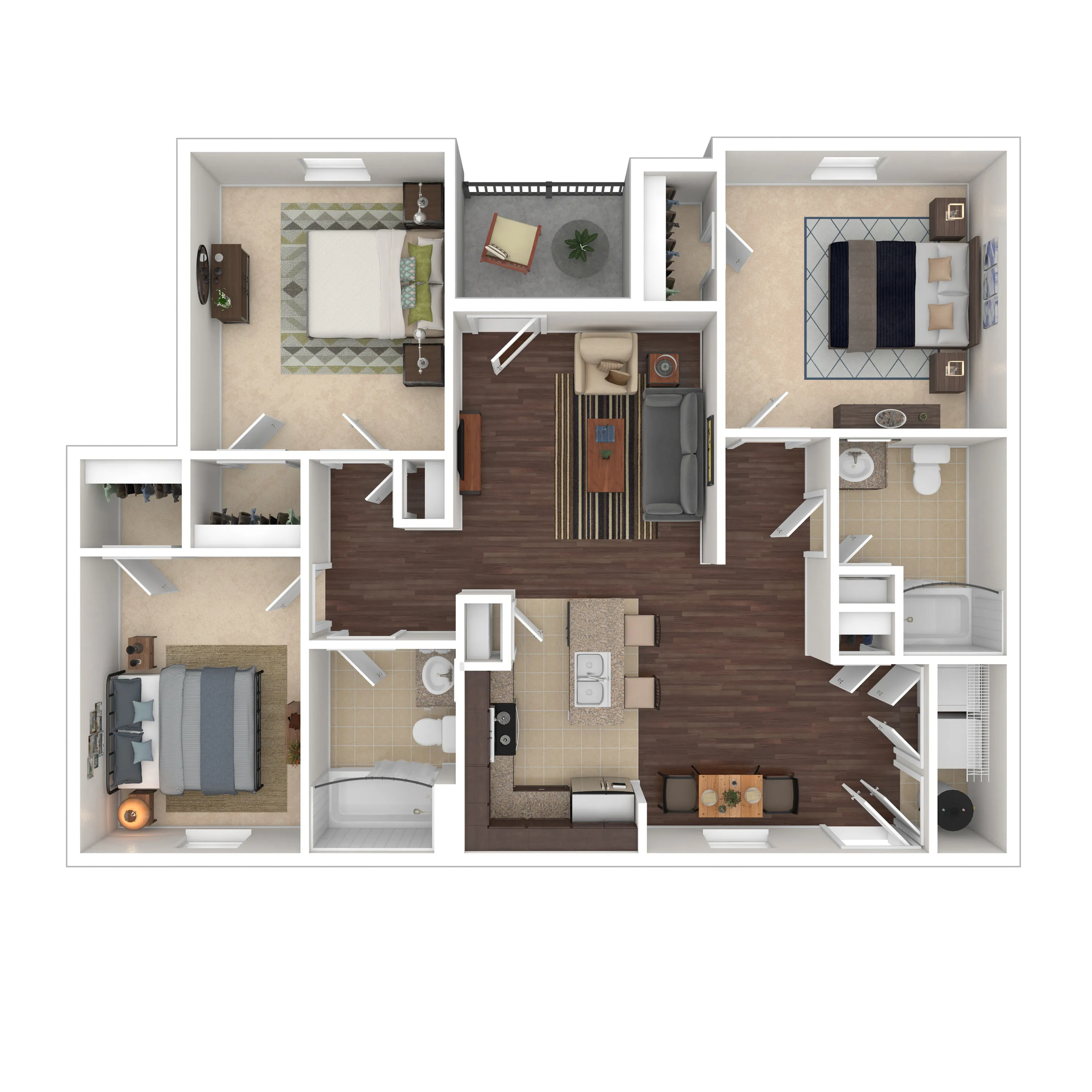 Modern 3-bedroom apartment floor plan featuring a spacious open-concept living area, elegant kitchen with island, and two well-appointed bathrooms.