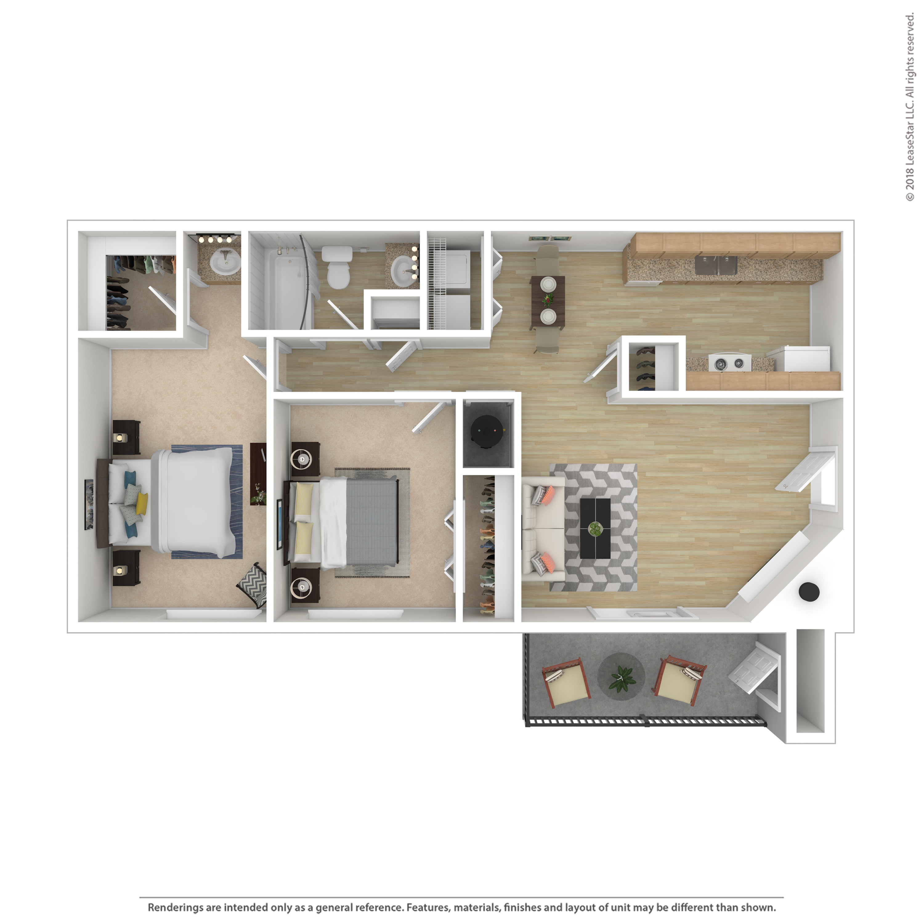 Modern 2D floor plan showcasing 2 bedrooms, open living and dining area, sleek kitchen, and a cozy balcony.