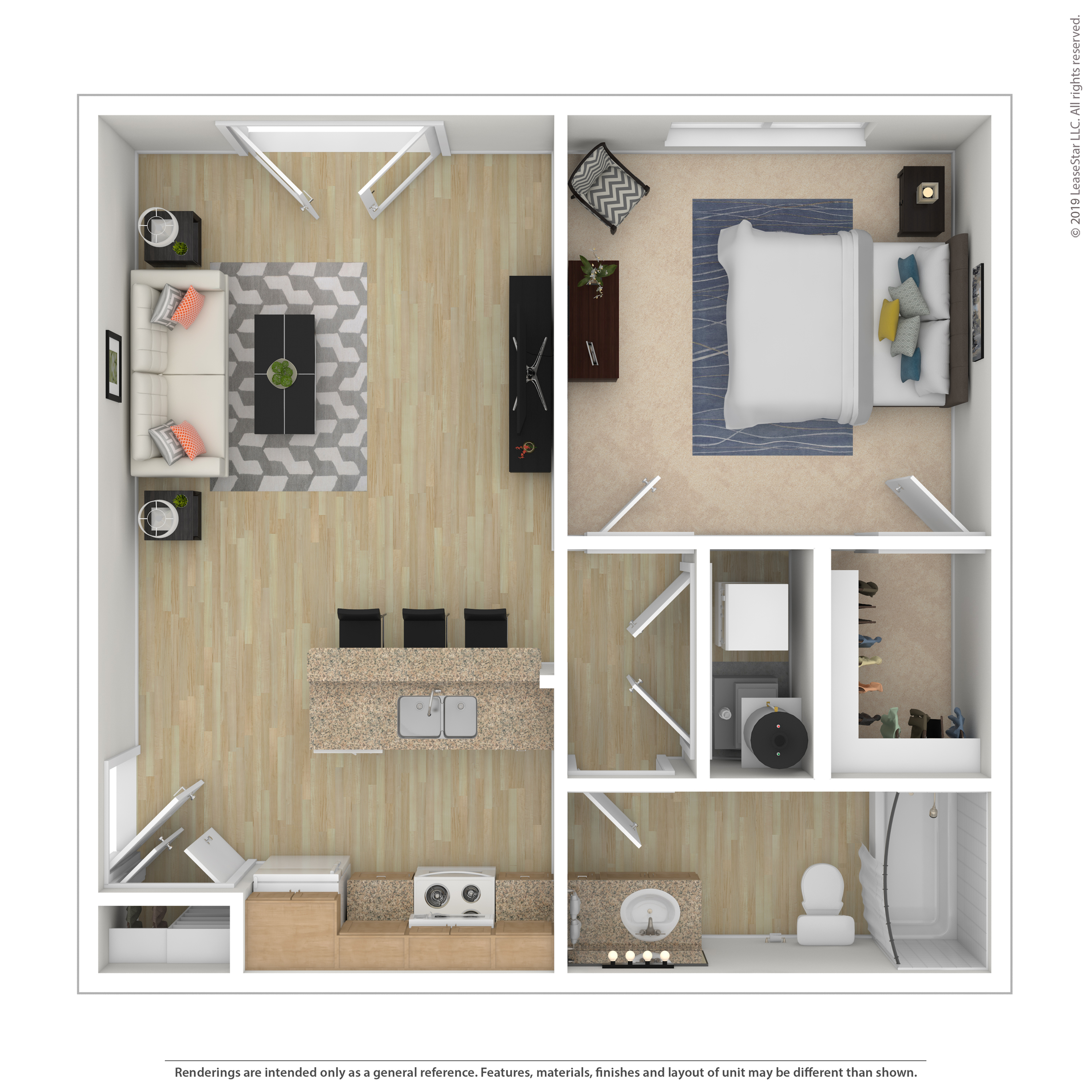 Modern floor plan showcasing a sleek open-concept living area with kitchen, elegant bedroom, and stylish bathroom layout.