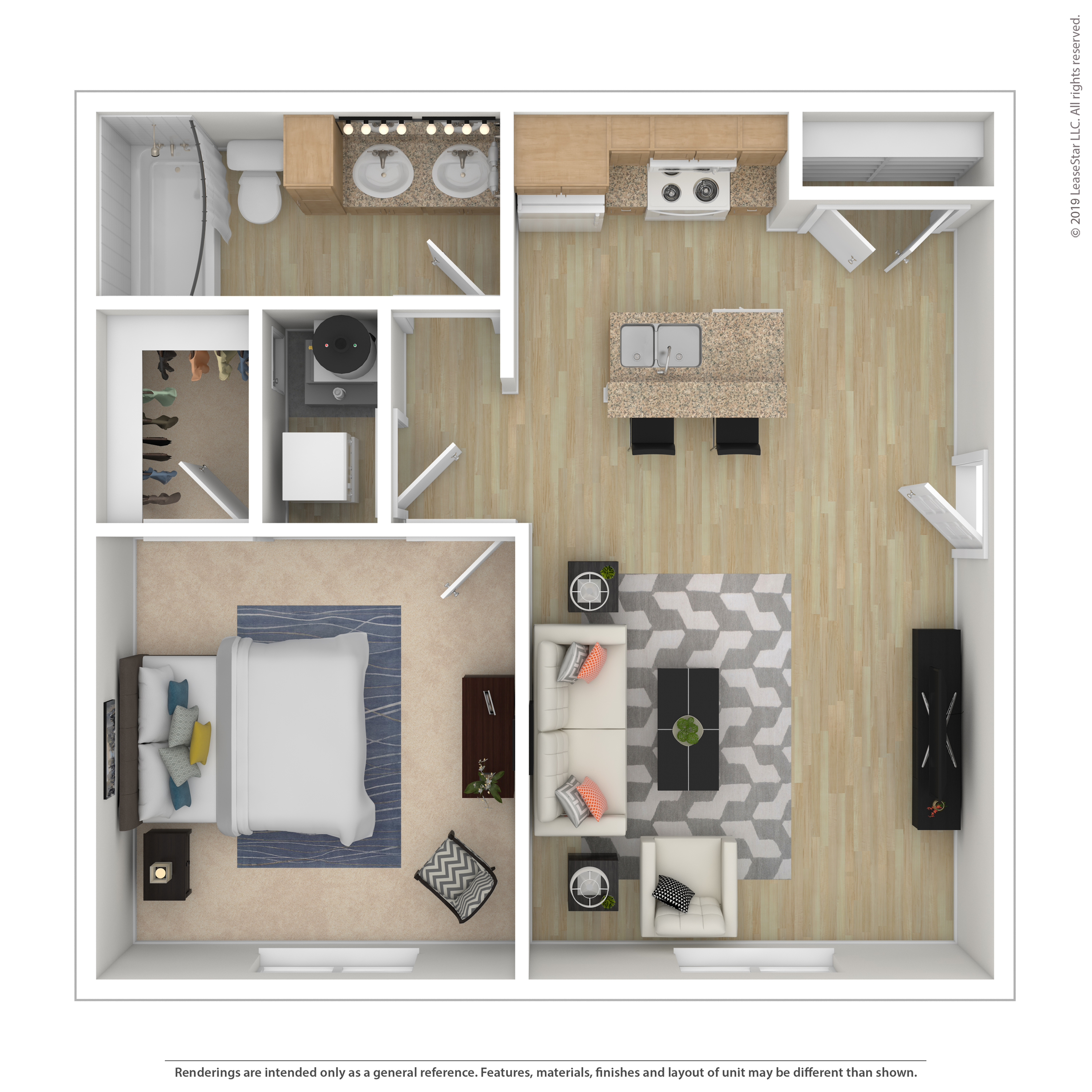 Inviting 1-bedroom apartment floor plan with open-concept living and dining area, sleek kitchen, and modern bathroom design.