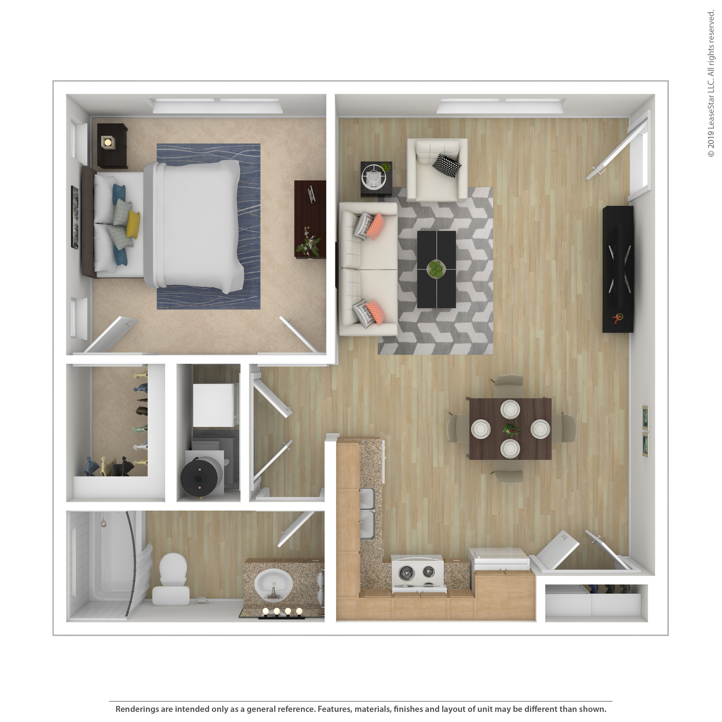 Modern 1-bedroom floor plan showcasing an open-concept living and dining area, sleek kitchen, and contemporary bathroom.