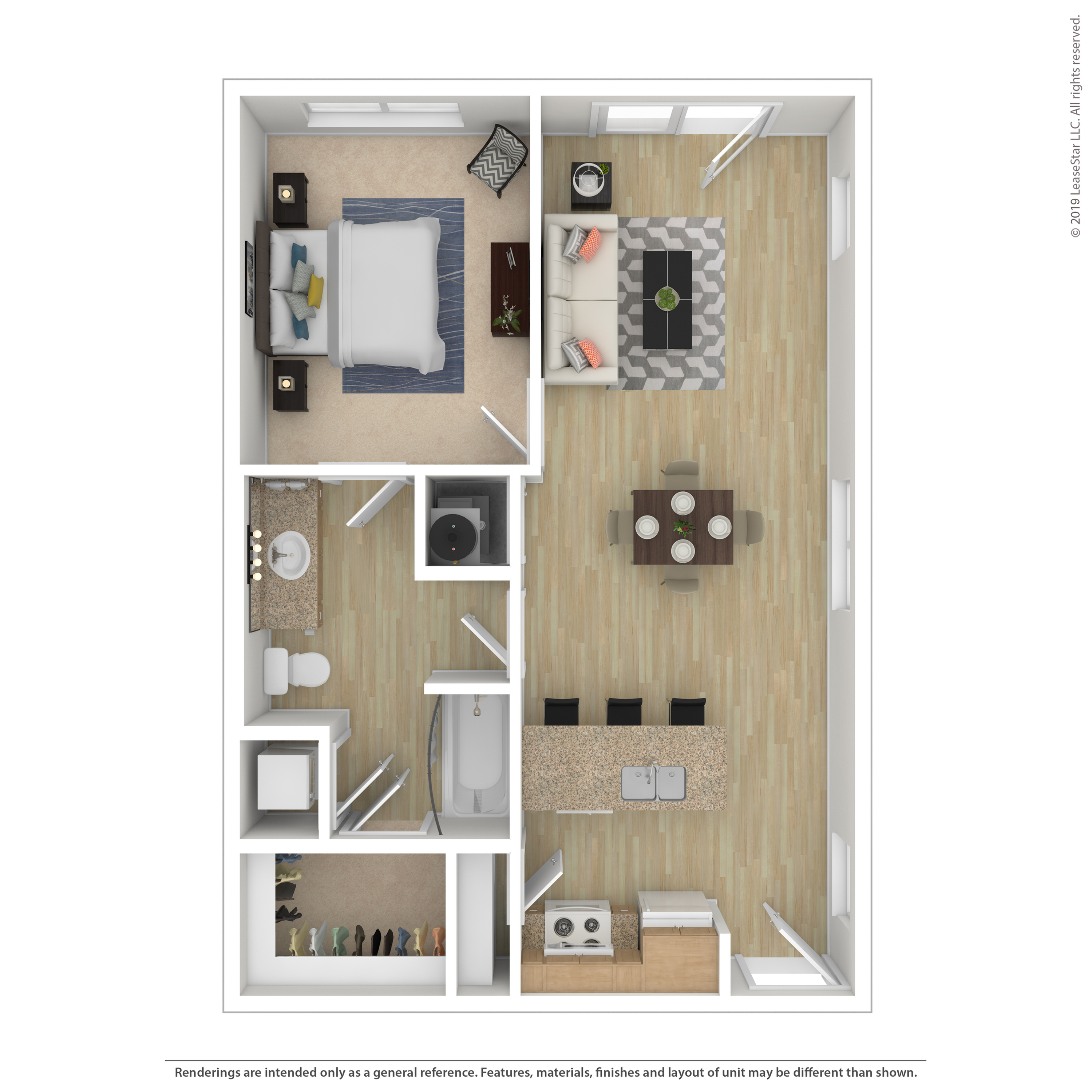 Modern floor plan showcasing a 1-bedroom apartment with an open living and dining area, contemporary kitchen, and elegant bathroom.
