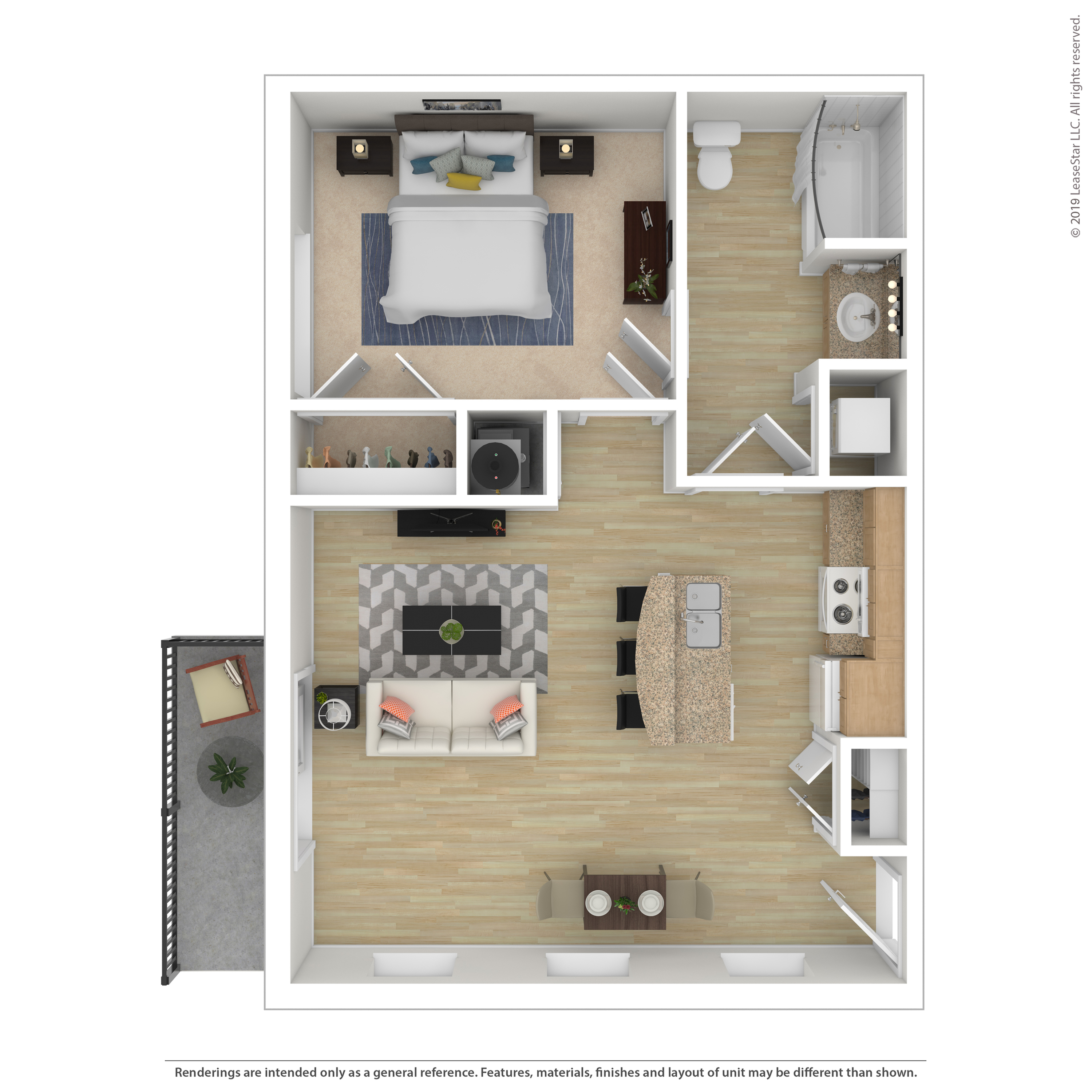Modern 2D floor plan featuring 1 bedroom, open living and dining area, sleek kitchen with island, and a private balcony.