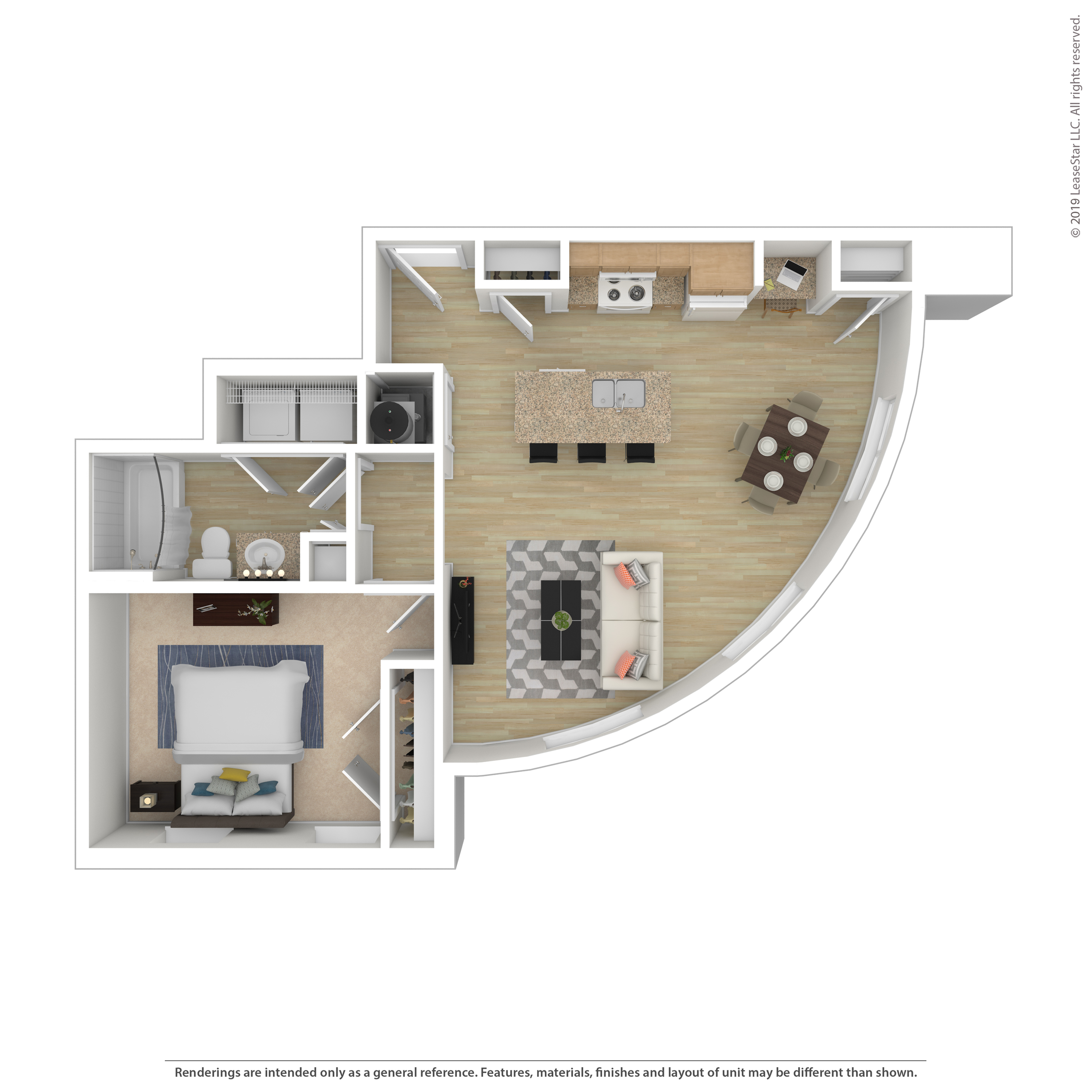 Modern 1-bedroom apartment floor plan with an open-concept kitchen and living area, curved dining space, and a stylish bathroom.