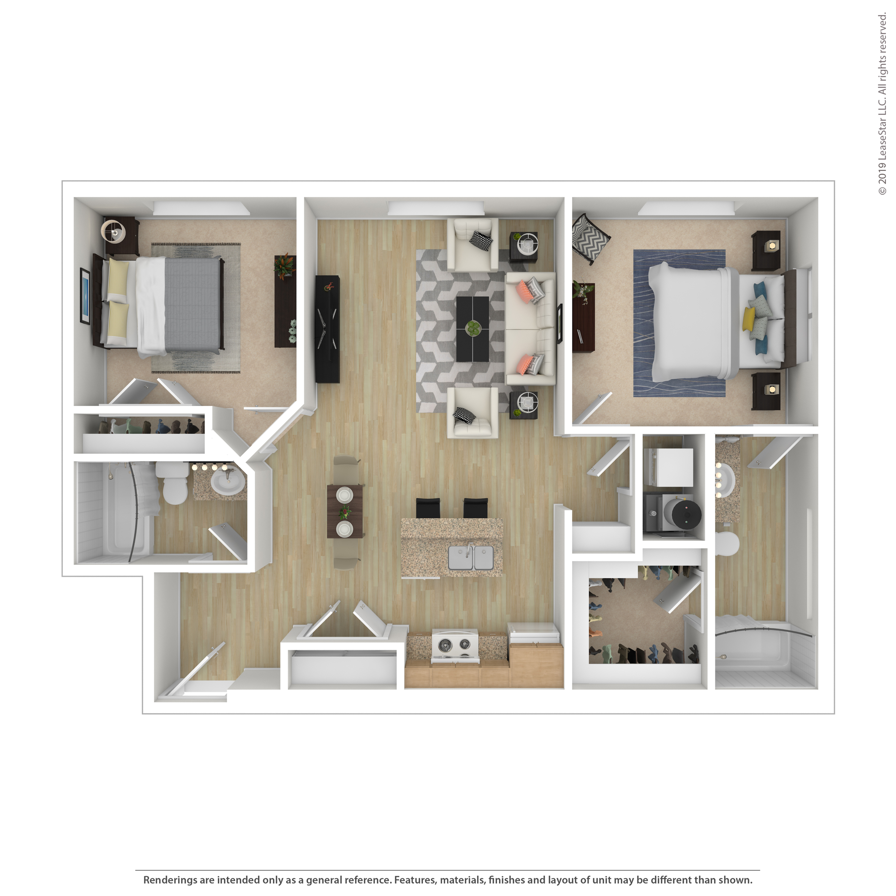 Modern 2-bedroom apartment floor plan with open-concept living and dining area, stylish kitchen, and two bathrooms, perfect for comfortable urban living.