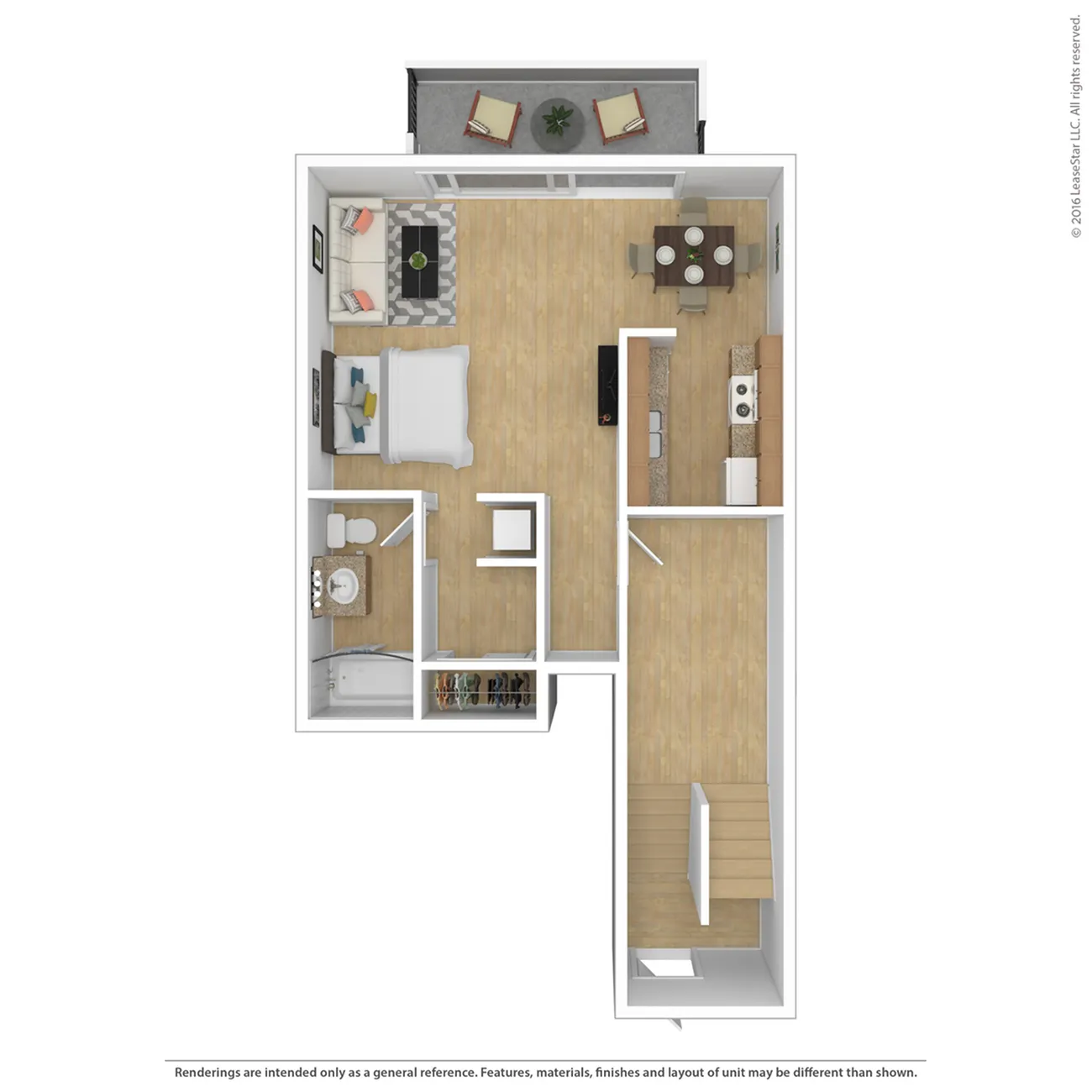 Charming 1-bedroom apartment floor plan featuring a cozy living area, modern kitchen, and a stylish bathroom adjacent to a balcony.
