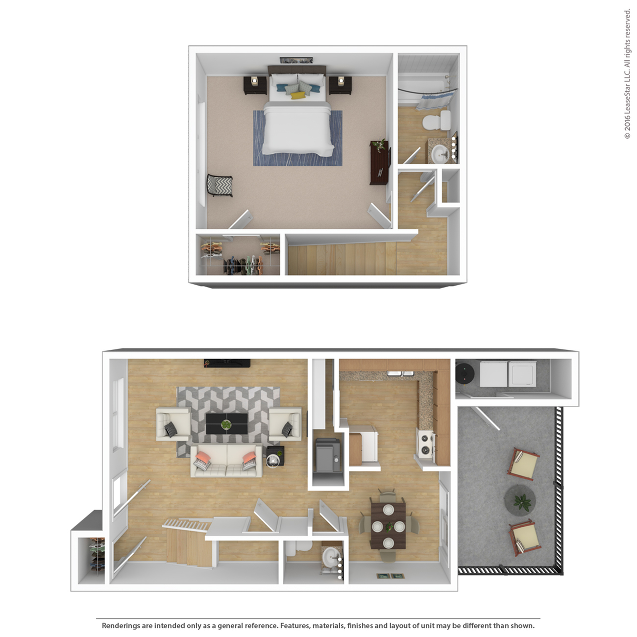 Charming 3D floor plan showcasing a cozy one-bedroom apartment with a modern open-concept living area, sleek kitchen, and private balcony.
